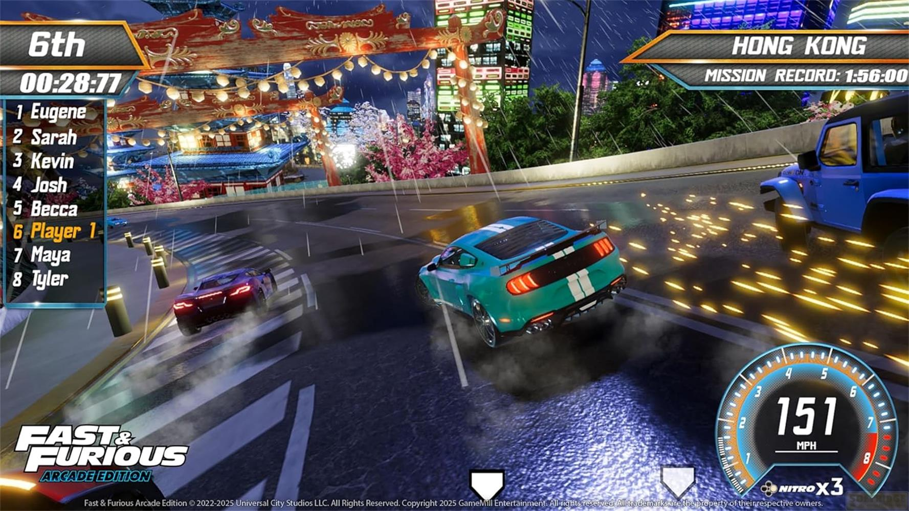 Gioco di corse notturne a Hong Kong. Una Mustang verde sfreccia su strada bagnata.