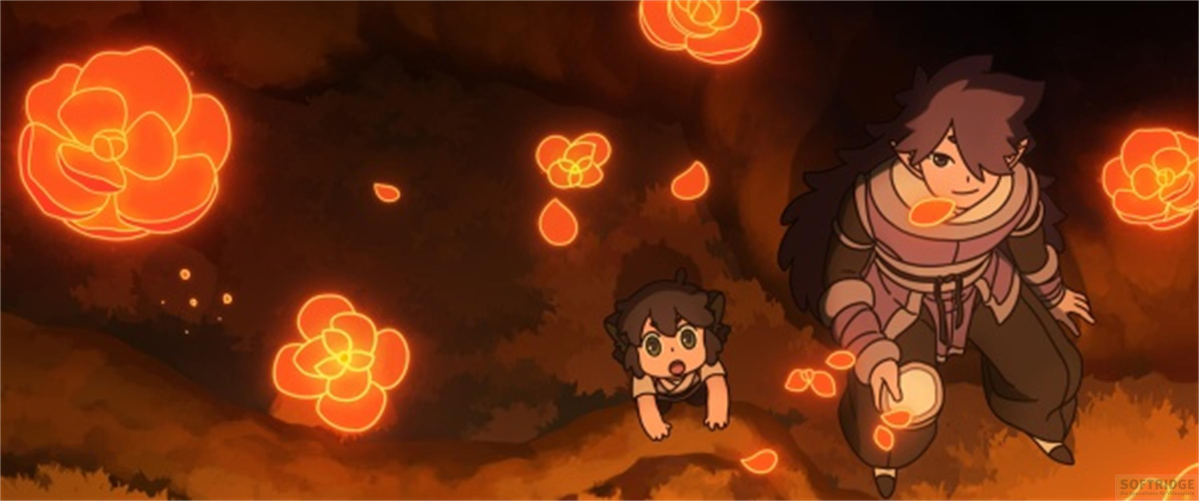 Un bambino gattona mentre una figura adulta sta vicina. Fiori luminosi sono visibili.
