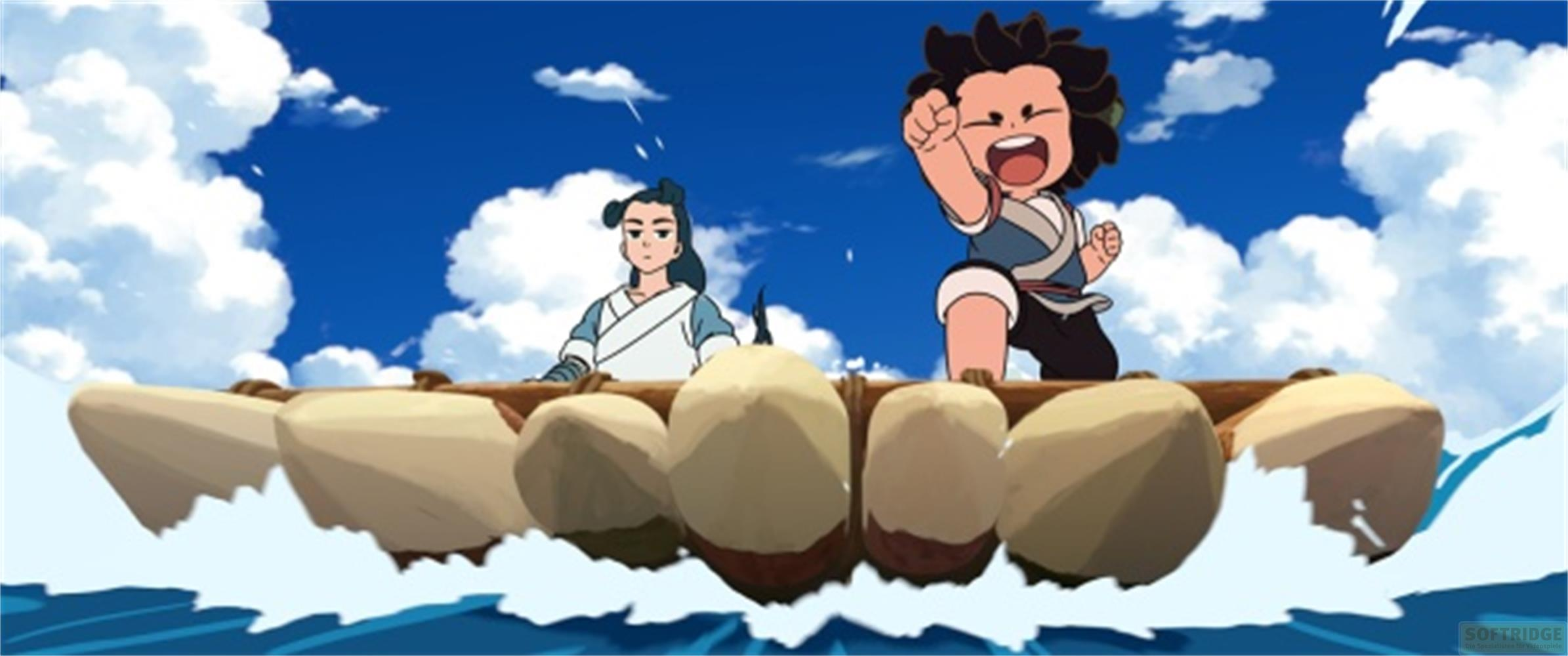 Due personaggi anime su una zattera sotto un cielo blu con nuvole.