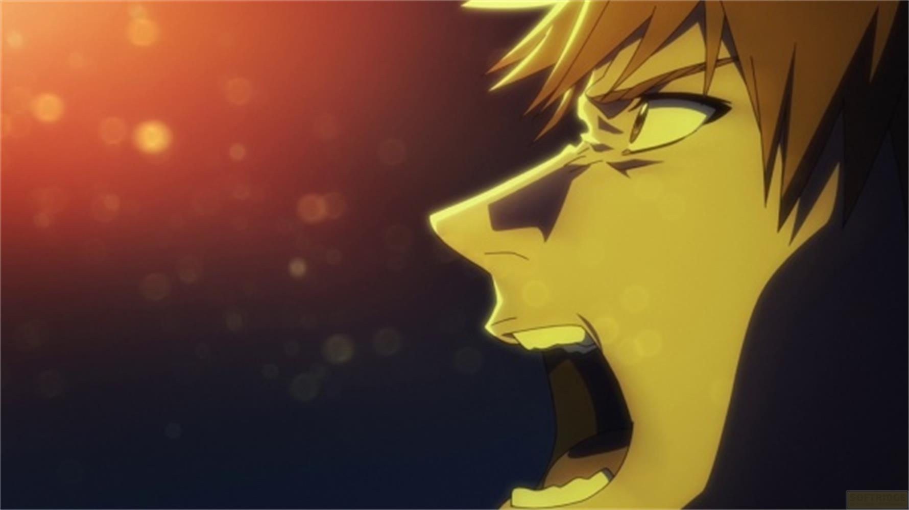 Anime-Charakter mit orangefarbenem Haar schreit, gelb beleuchtet, Bokeh-Hintergrund.