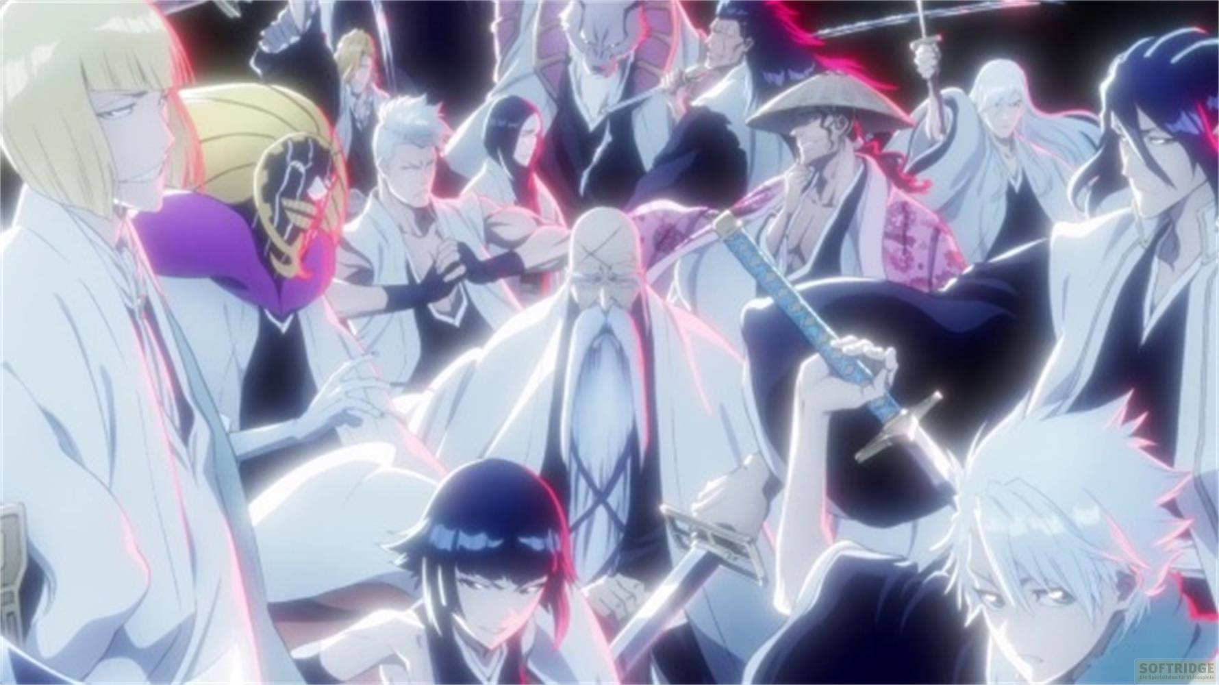 Eine Gruppe von Anime-Charakteren mit Schwertern, alle in weißen Umhängen gekleidet.