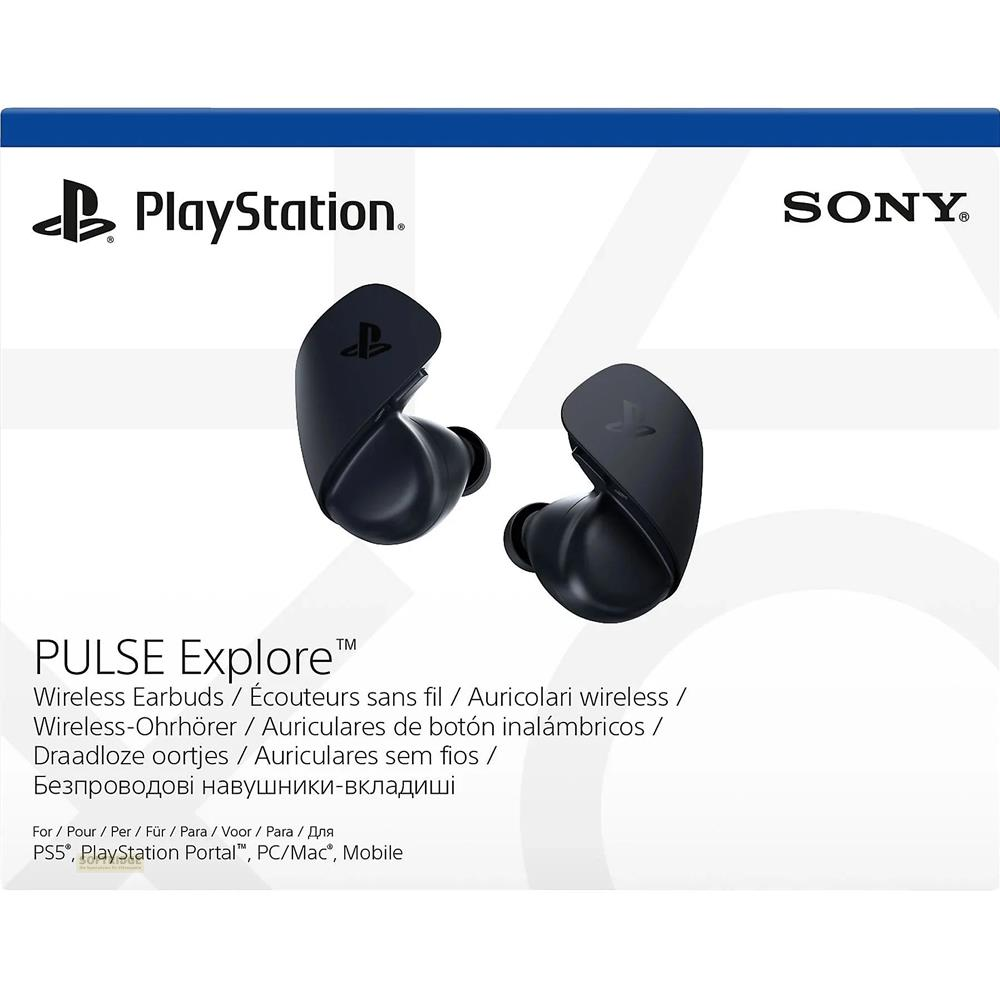 Czarne bezprzewodowe słuchawki Sony PlayStation Pulse Explore z logo PlayStation.