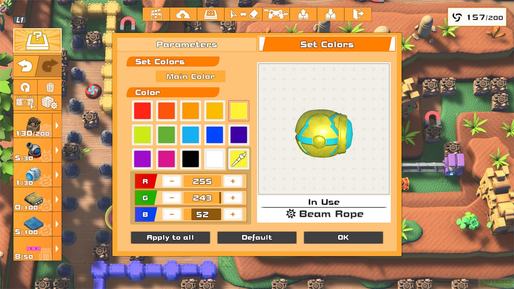 Spiel-UI zeigt Farbauswahl für ein gelb-blaues Objekt mit RGB-Werten.