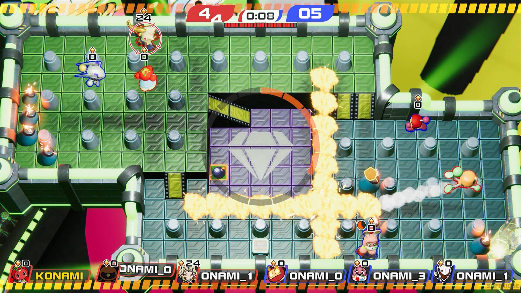 Buntes Videospielbrett mit Charakteren, Bomben und Explosionen.