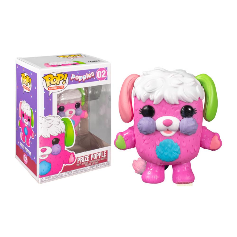 Ein pinker Popple Vinyl-Figur mit weißen Haaren und bunten Ohren steht neben seiner Verpackung.