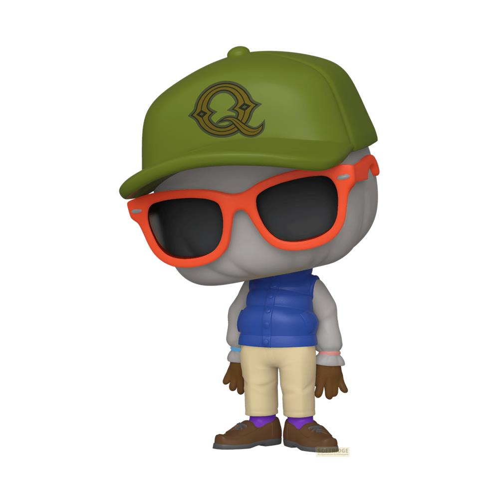 Figura grigia con cappello verde, occhiali da sole, gilet e pantaloni.