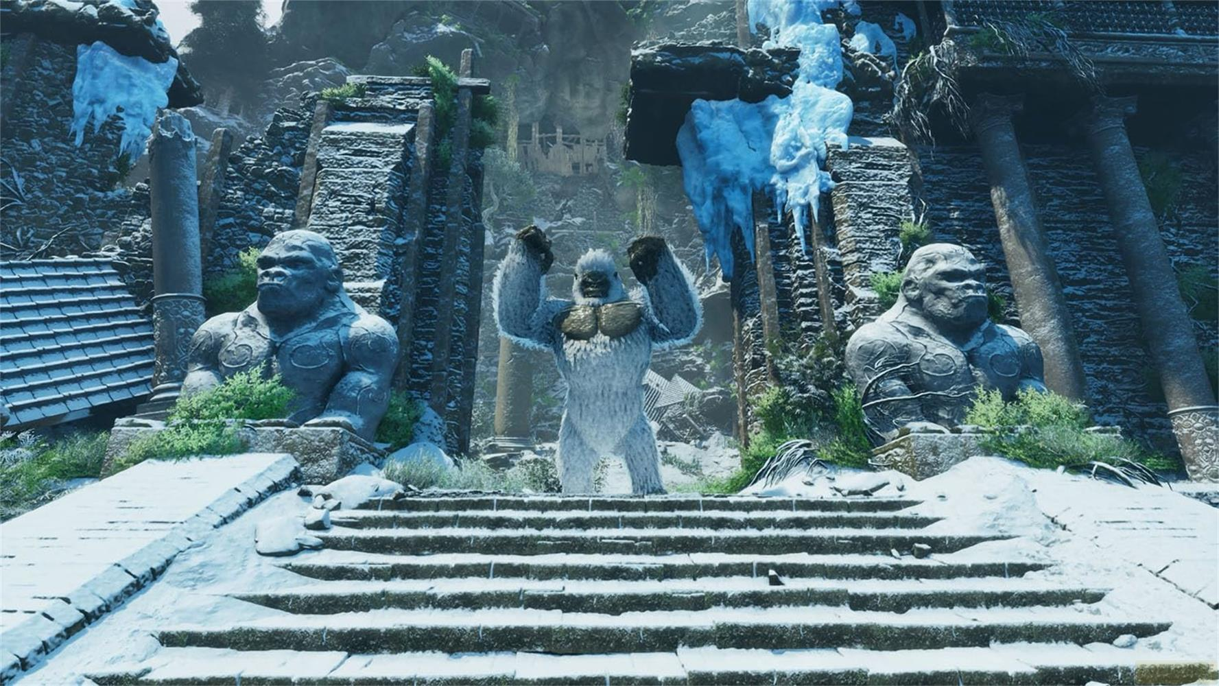 Ein Yeti steht auf einer verschneiten Treppe zwischen zwei Affenstatuten.