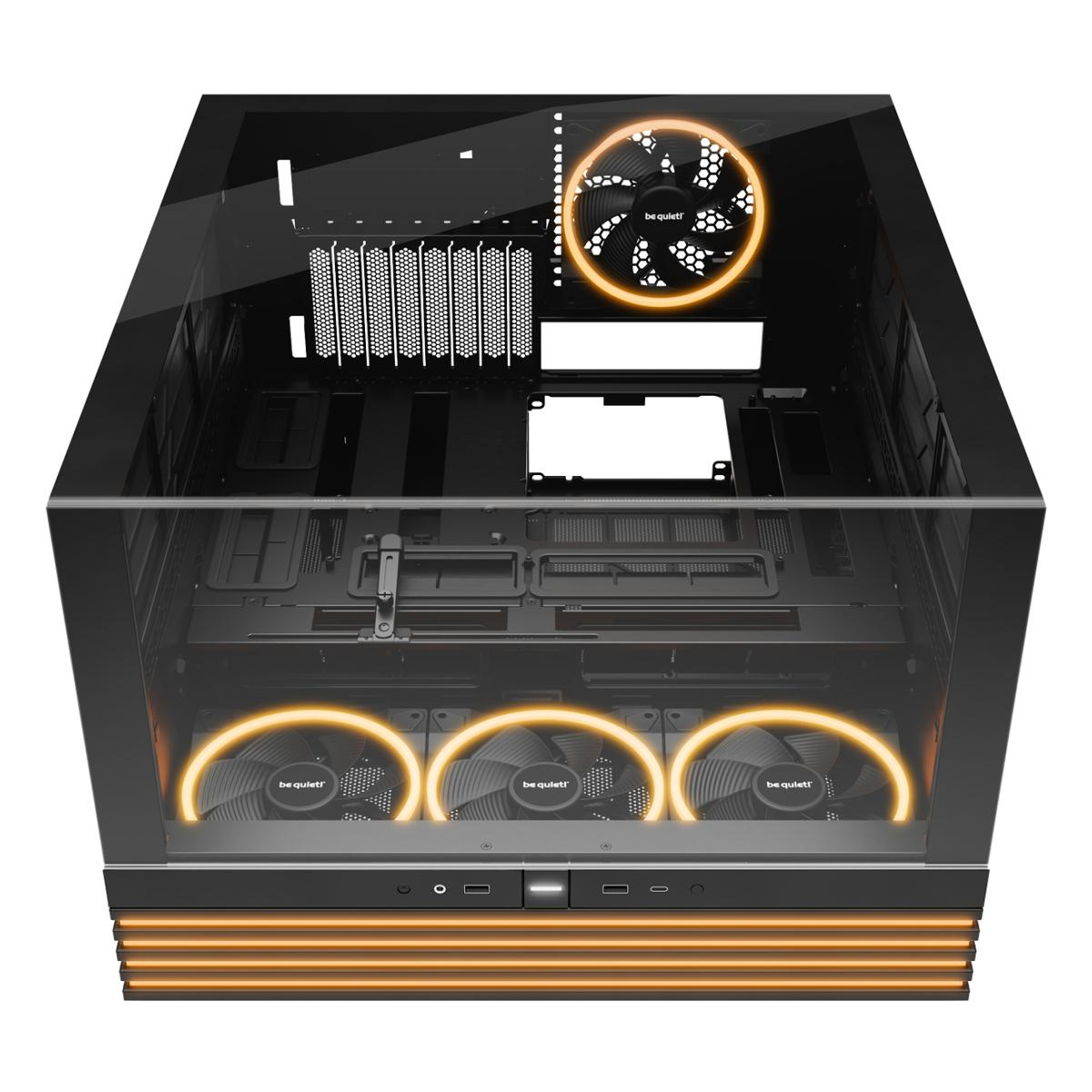 Ein schwarzes PC-Gehäuse mit Glasfront und beleuchteten Lüftern.