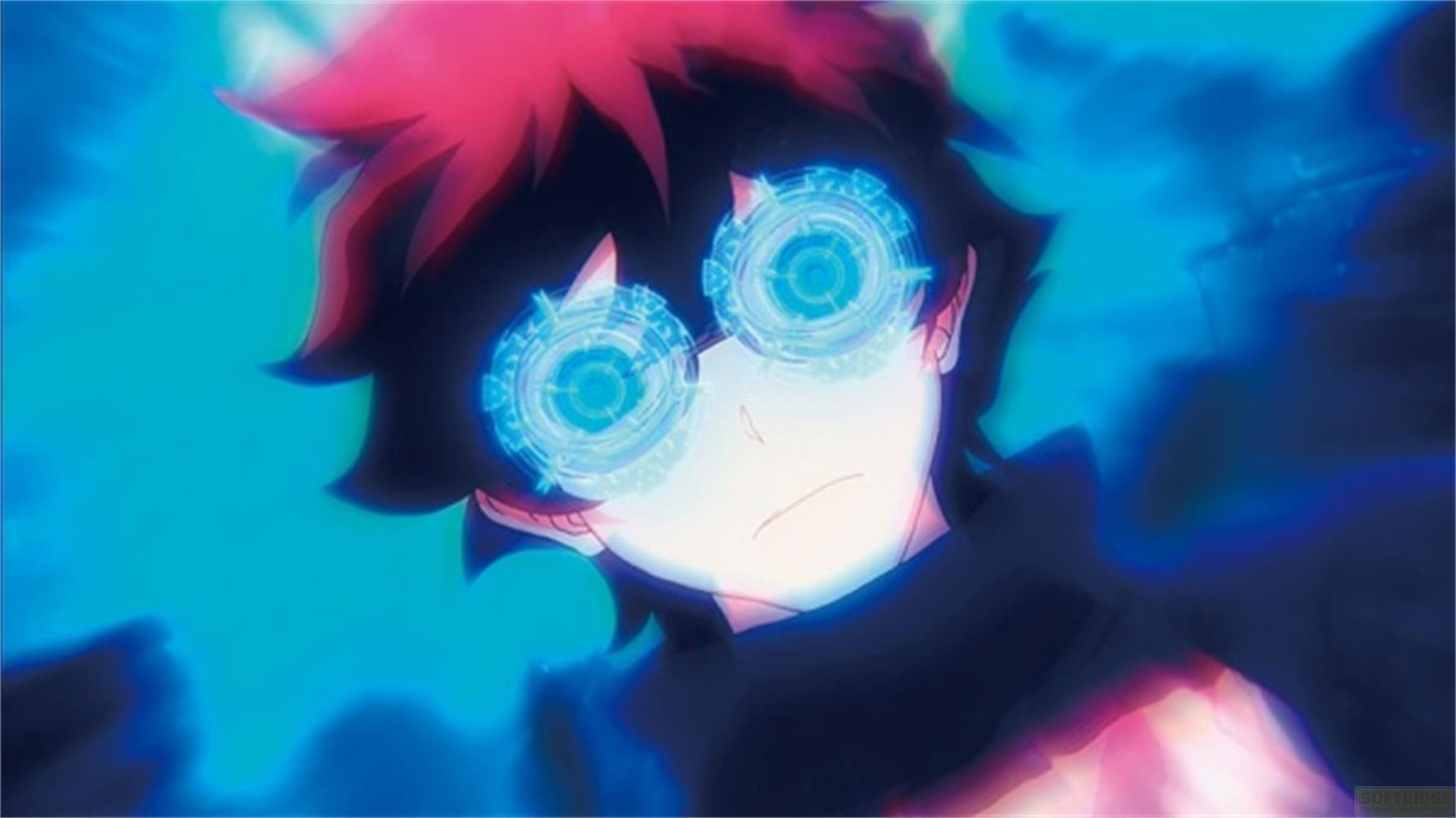 Personaggio anime con capelli rossi e HUD blu luminosi.
