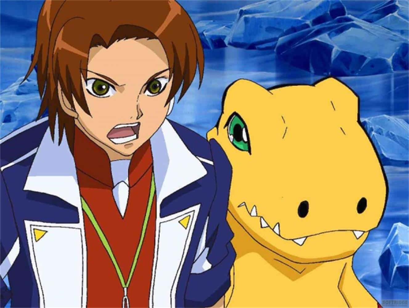 Un ragazzo dai capelli castani e un Digimon giallo davanti a formazioni di ghiaccio blu.