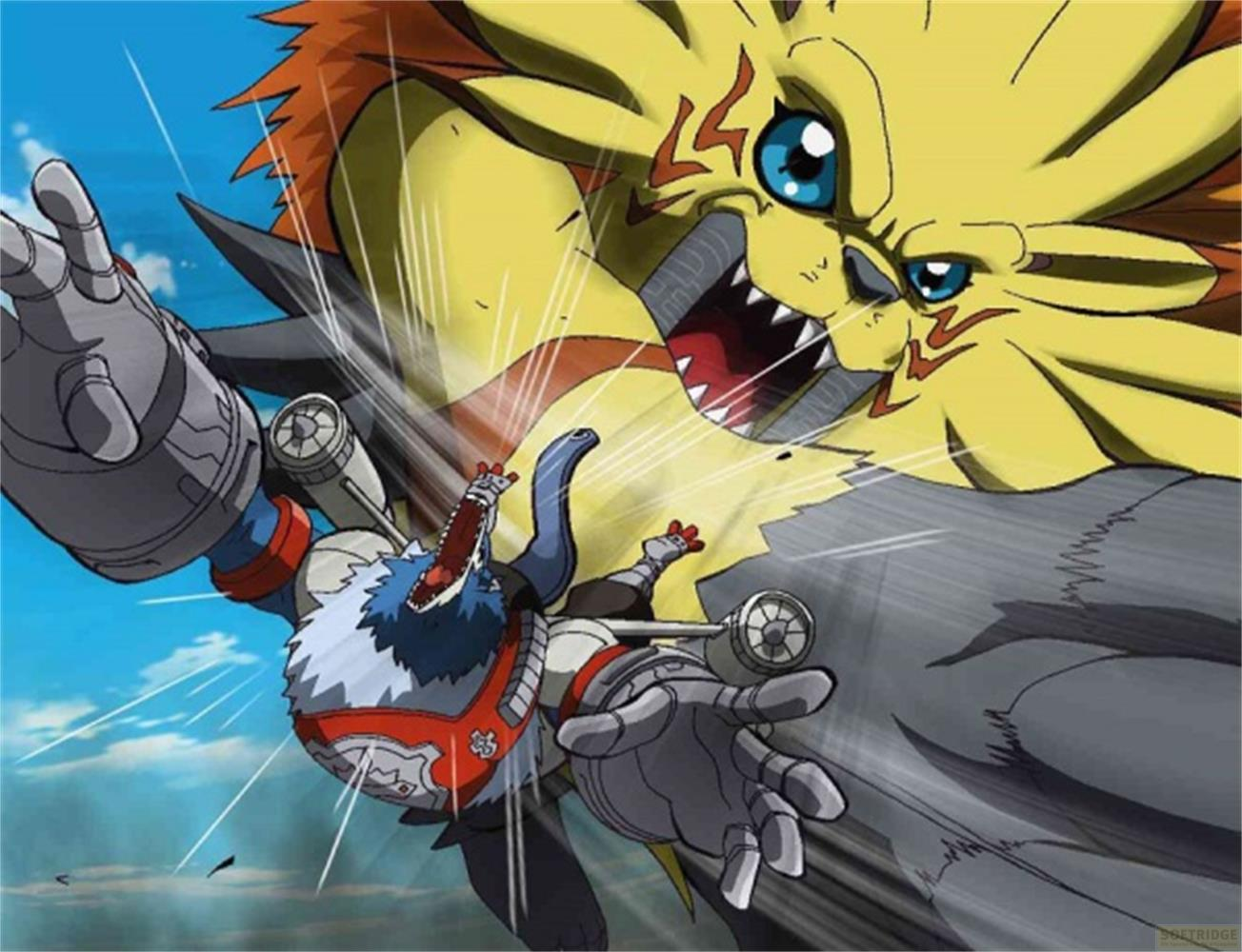 Un Digimon leone giallo attacca un Digimon lupo blu.