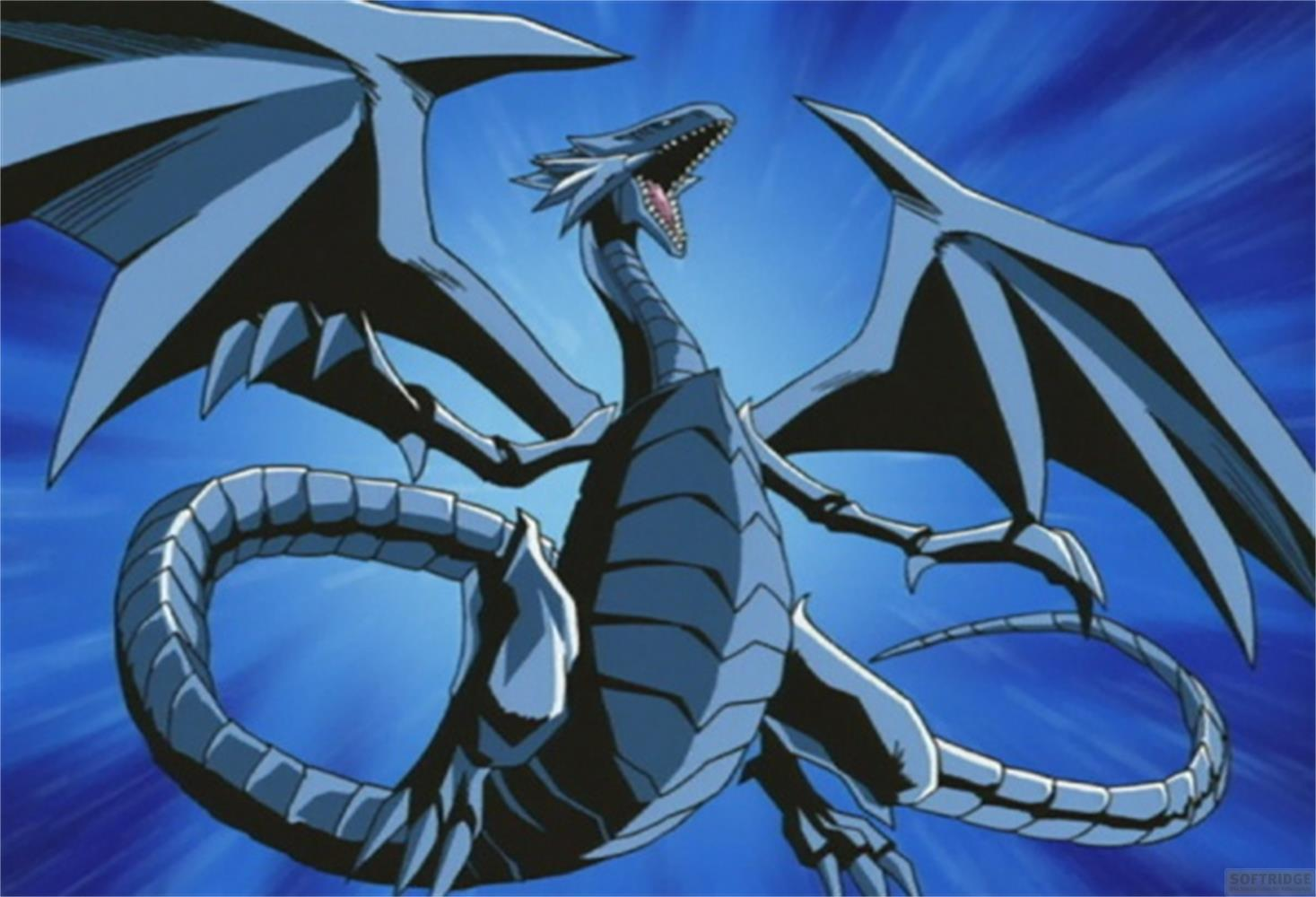 Un drago blu con le ali spiegate su uno sfondo blu brillante.