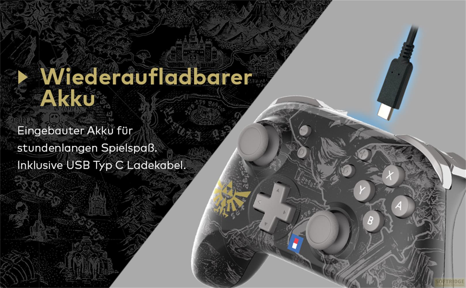 Czarny kontroler z motywem Zeldą i kablem USB-C.