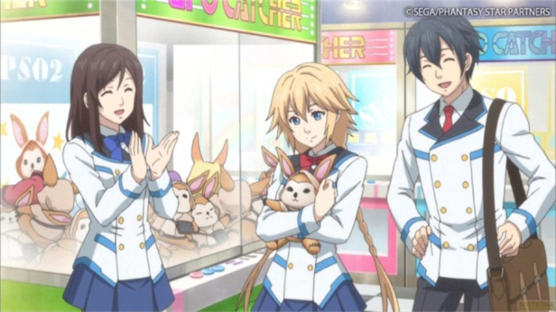 Tre personaggi anime davanti a una macchina artiglio piena di peluche.