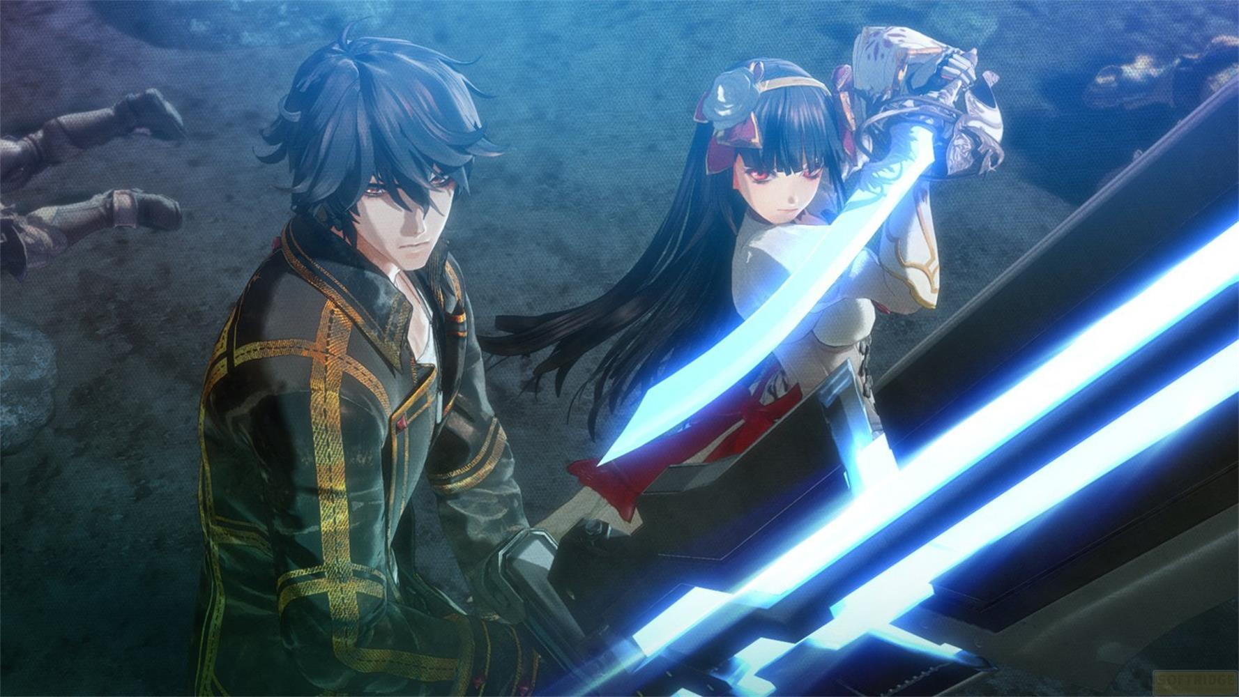 Mężczyzna i kobieta z świecącymi mieczami w walce.