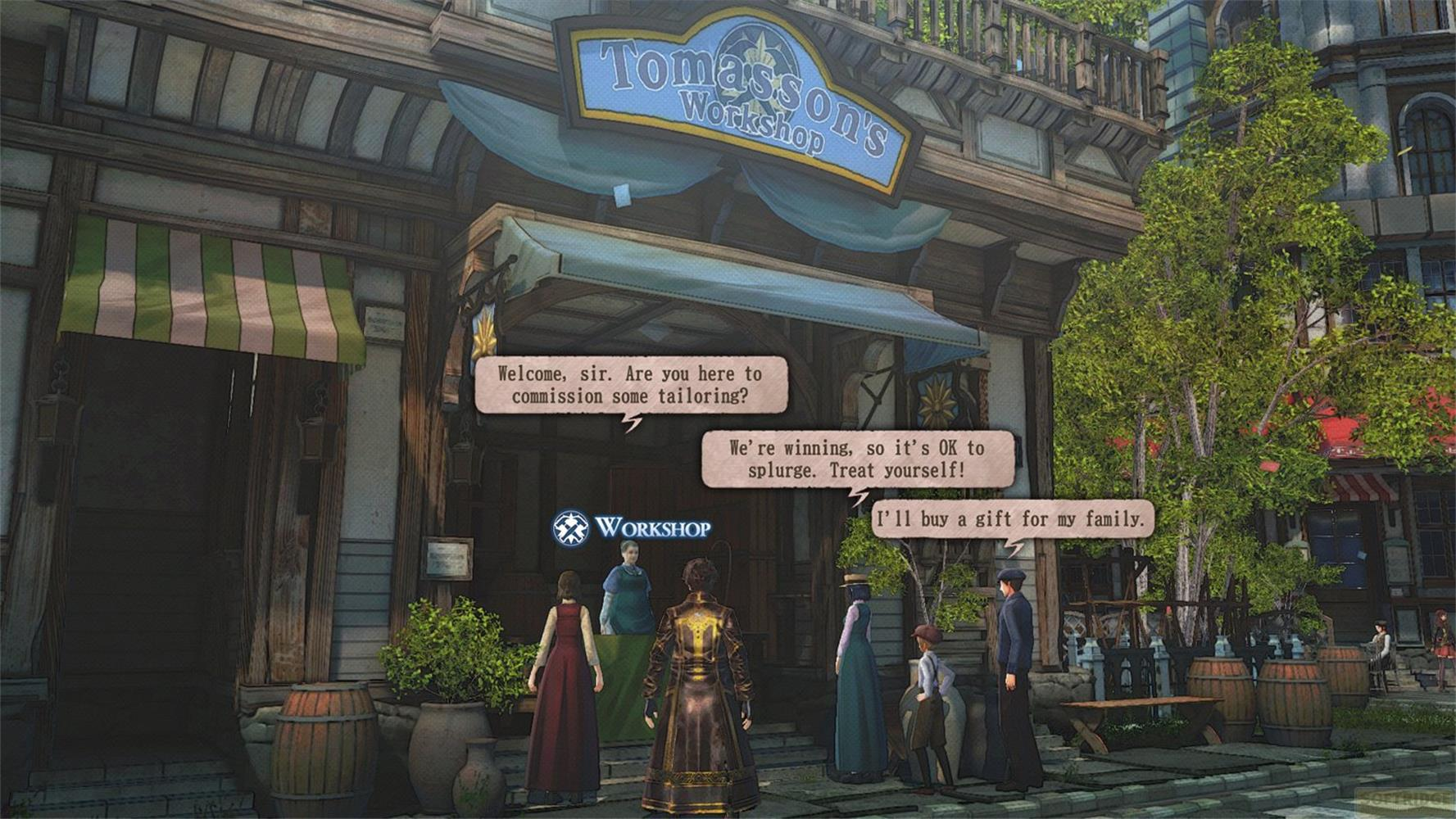 Grupa ludzi stoi przed sklepem "Tomasson's Workshop".