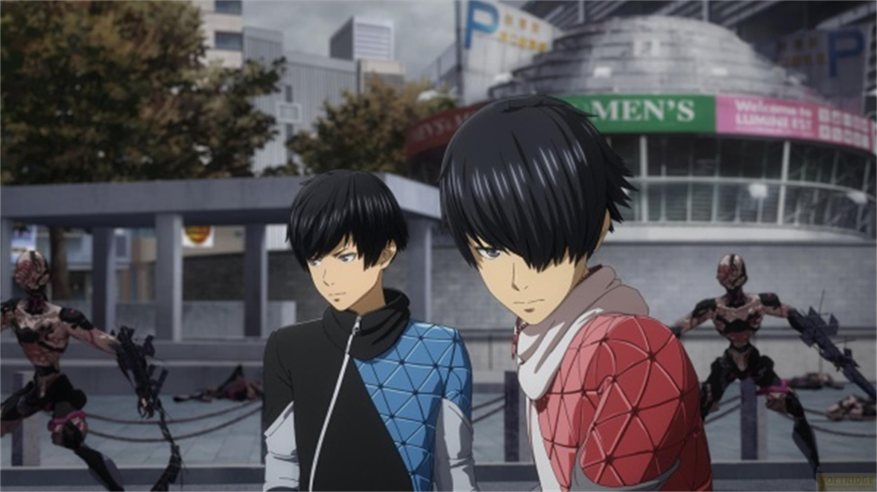 Due ragazzi anime in una scena cittadina con robot.