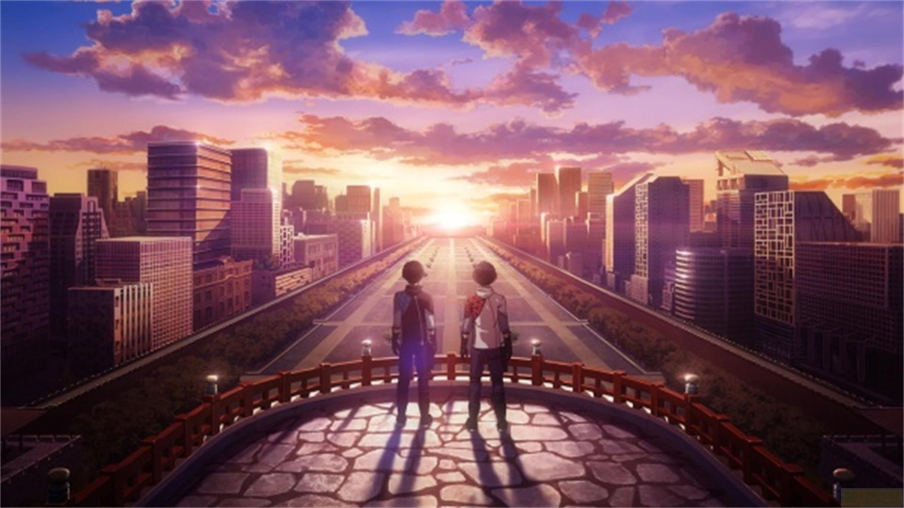 Due persone si trovano su una terrazza di pietra che domina una città al tramonto.