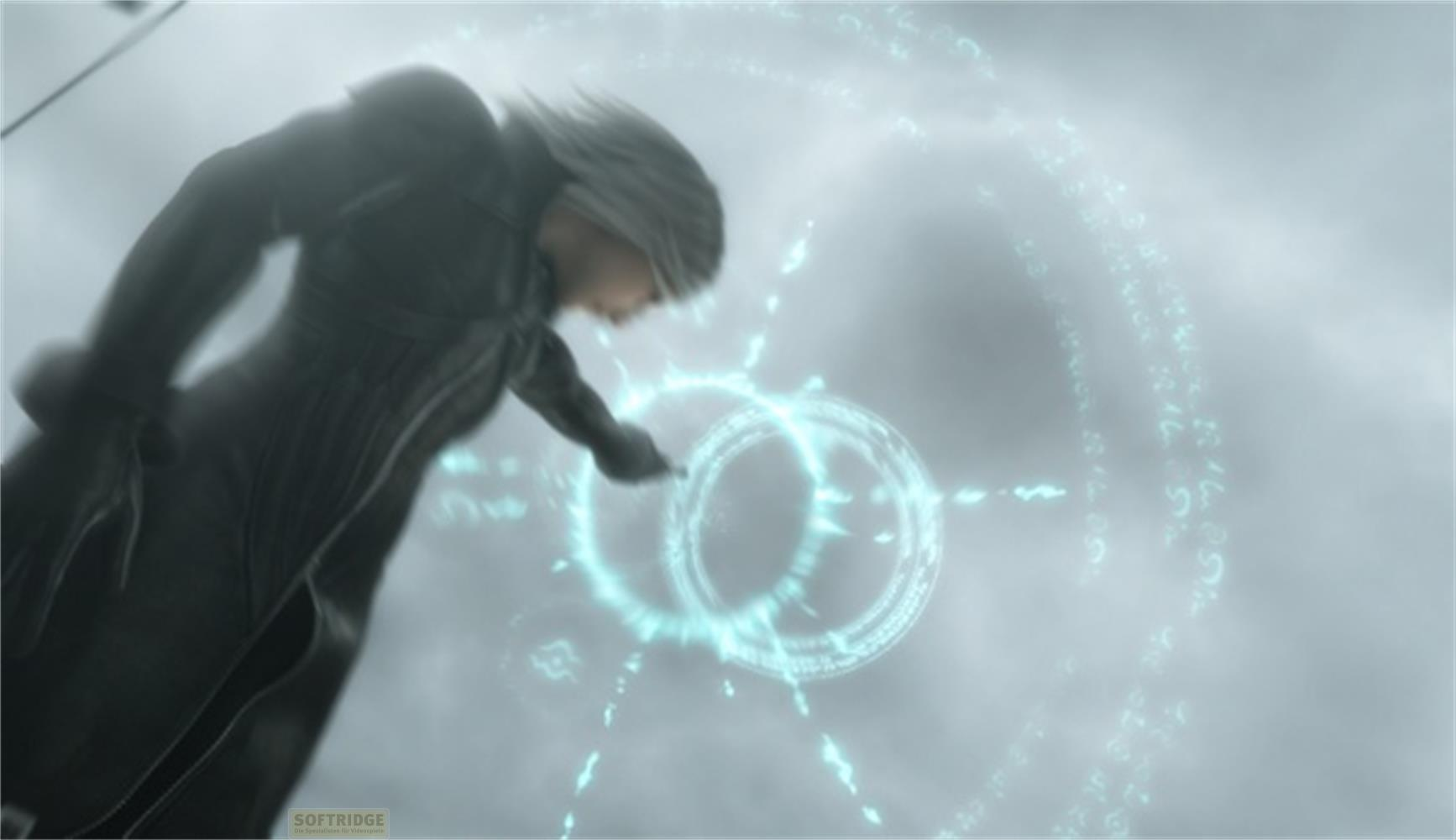 Un homme aux longs cheveux blancs et vêtements sombres invoque des cercles magiques.