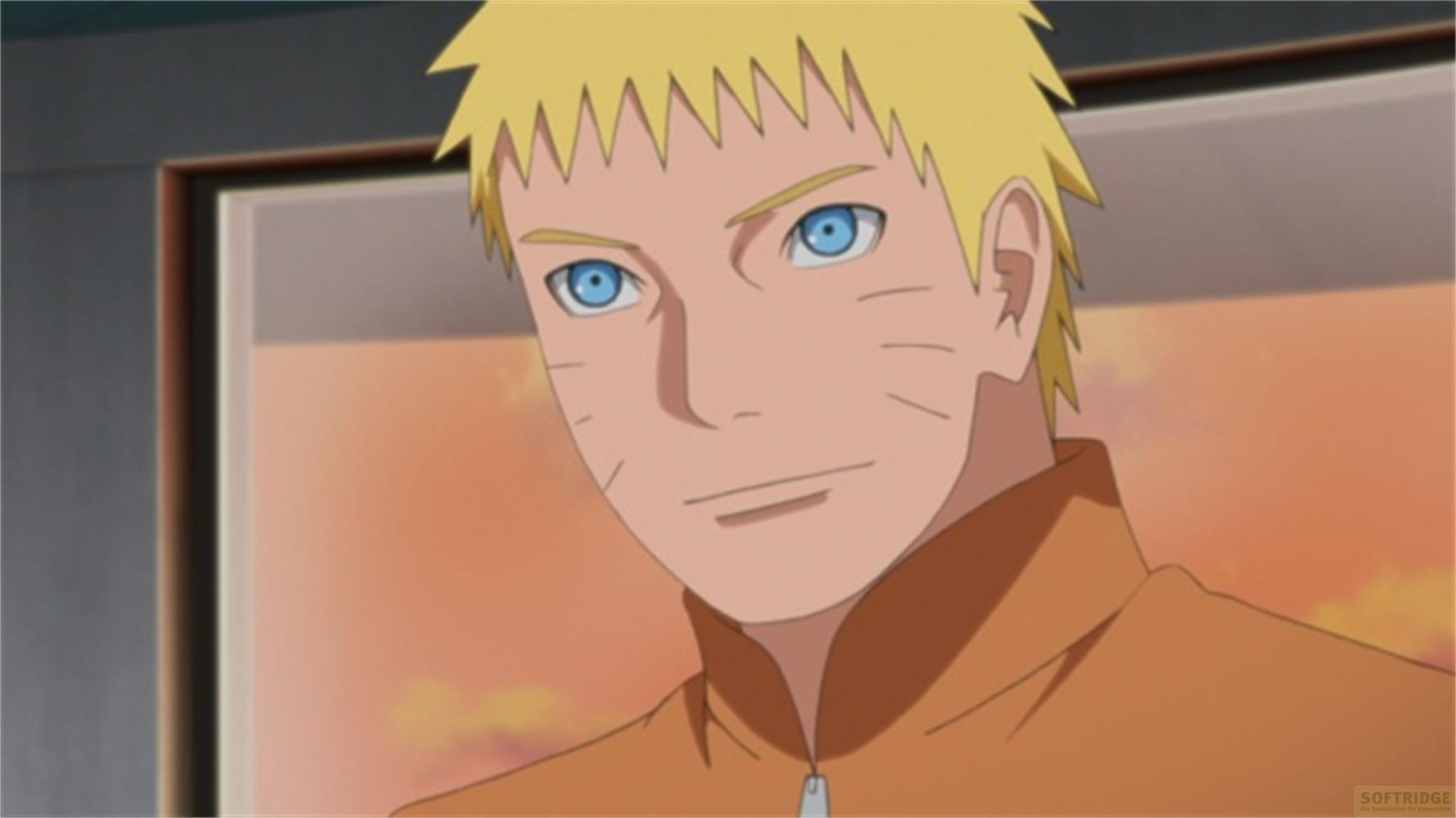 Naruto Uzumaki con capelli biondi e occhi azzurri indossa un abito arancione.