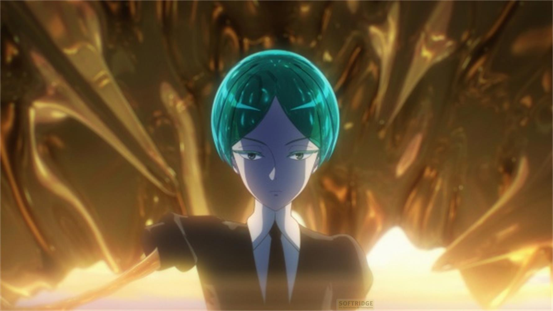 Personaggio anime con capelli turchesi e abiti scuri su sfondo dorato.