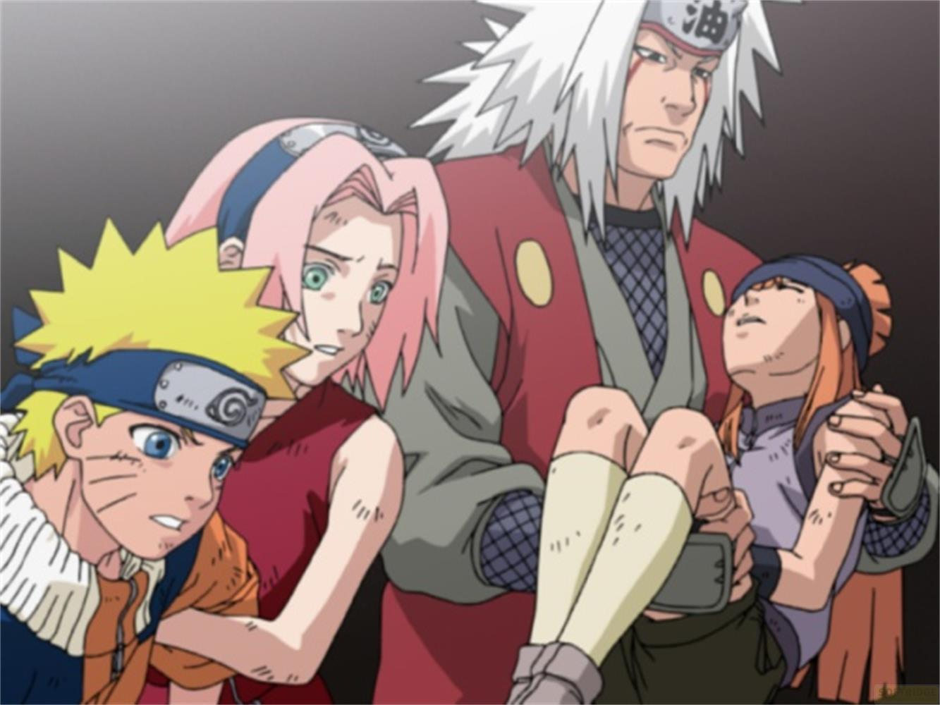 Naruto et Sakura ont l'air inquiet alors que Jiraiya porte une fille inconsciente.