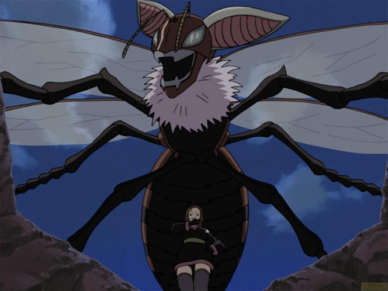 Un insecte géant avec une personne en dessous contre un ciel bleu.