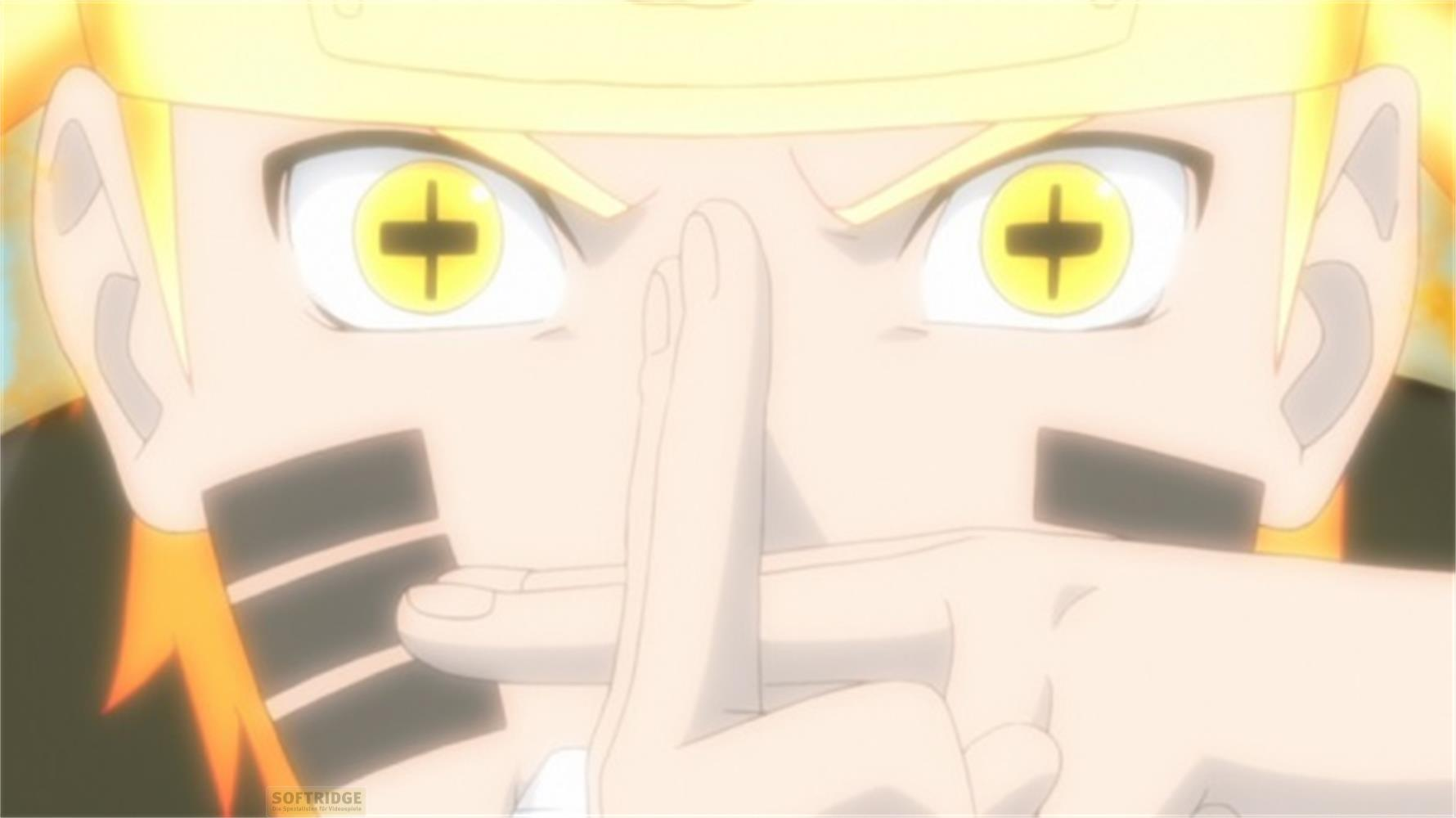 Occhi gialli di Naruto con croci nere, capelli arancioni e gesto della mano.