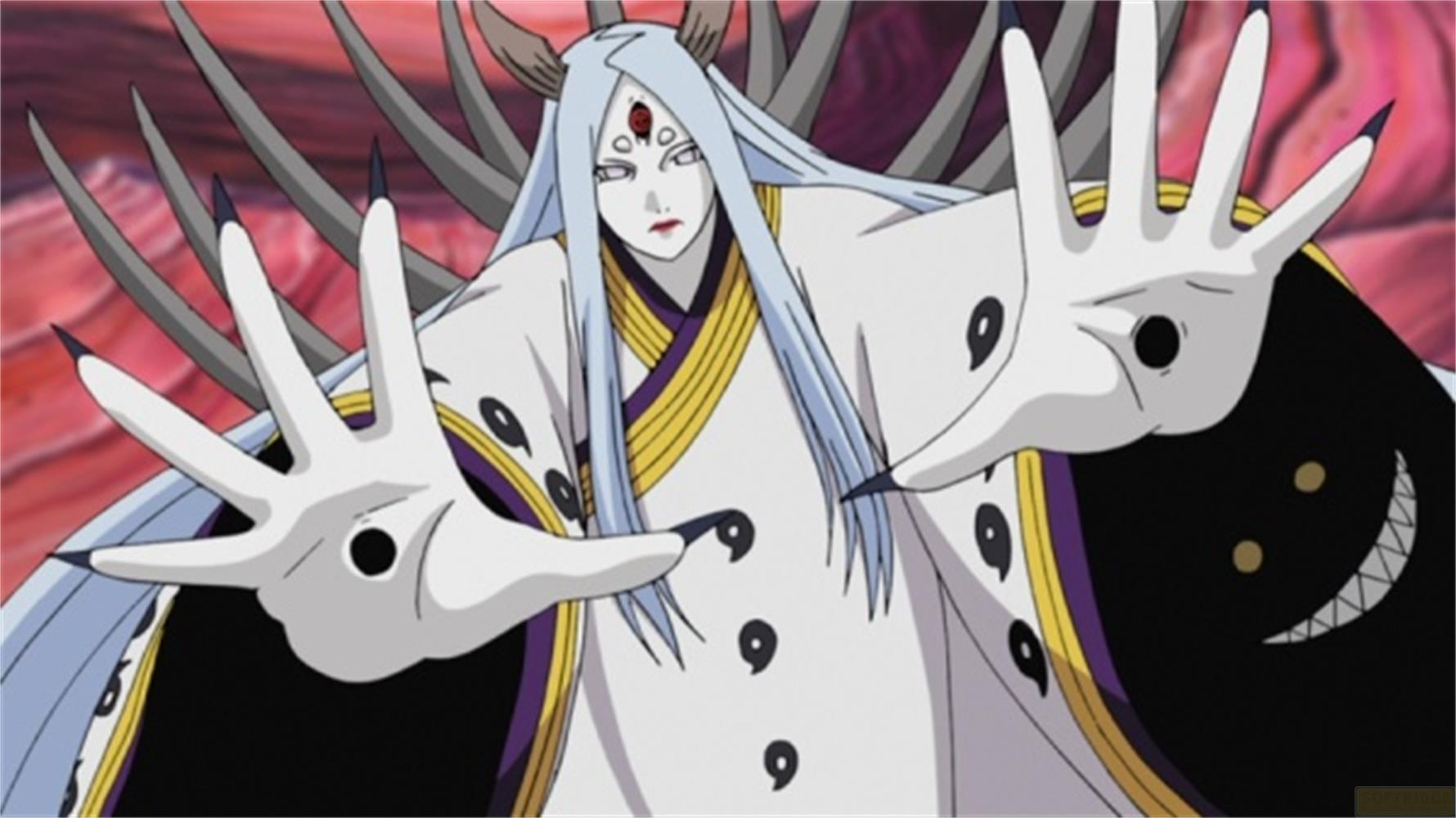 Kaguya Otsutsuki con lunghi capelli bianchi e corna, indossa una veste bianca con accenti viola e gialli.