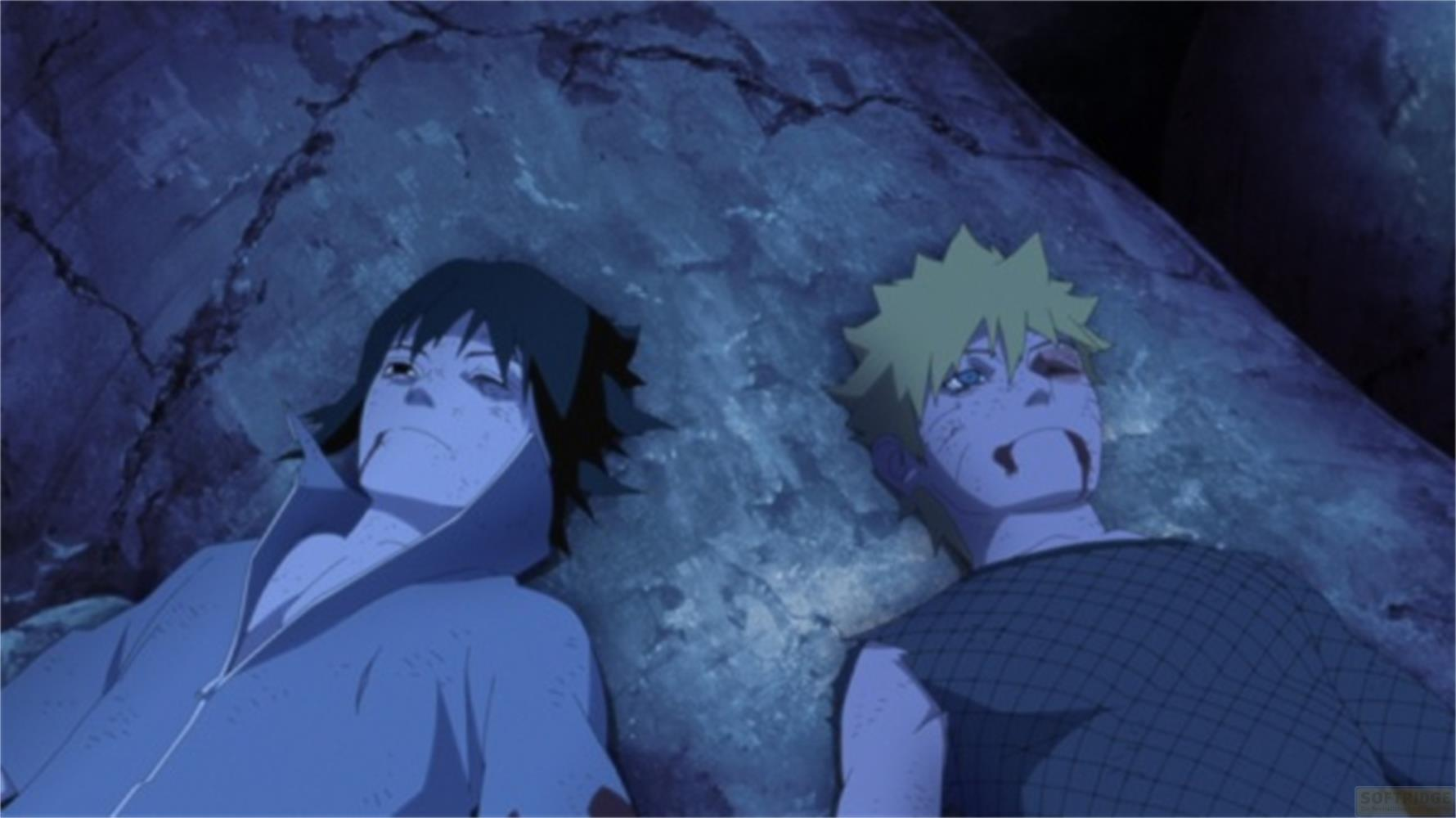 Due personaggi anime feriti, Naruto e Sasuke, giacciono a terra.