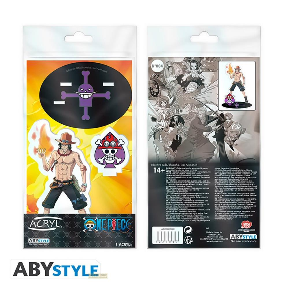 Verpackung mit One Piece Acrylfiguren. Links Ace, rechts Gruppe. Mit Logos.