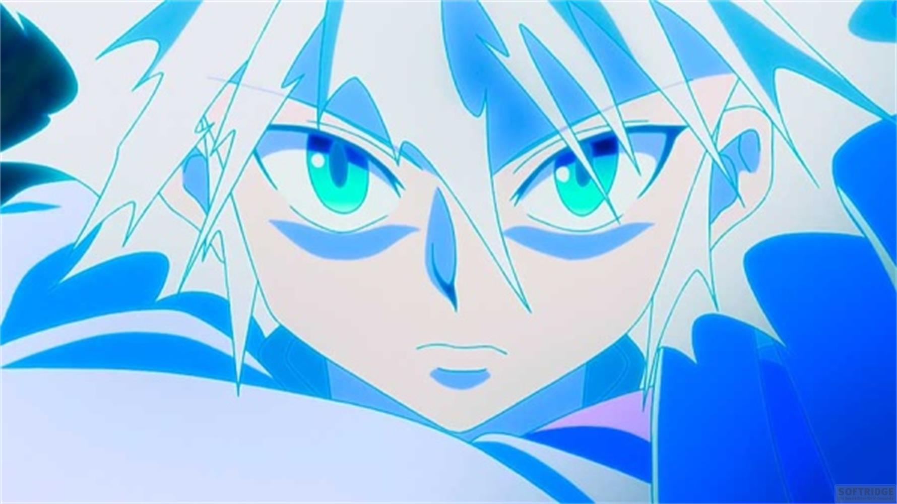 Primo piano di un personaggio anime con occhi turchesi e capelli bianchi.