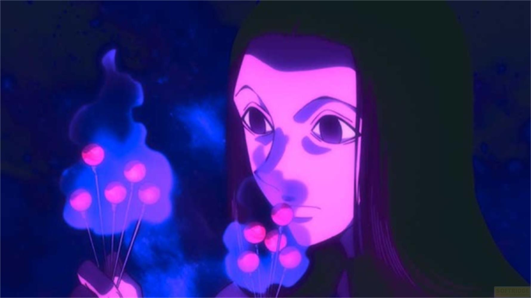 Personaggio anime con bagliore viola tiene palline rosa su bastoncini in ambiente blu scuro.