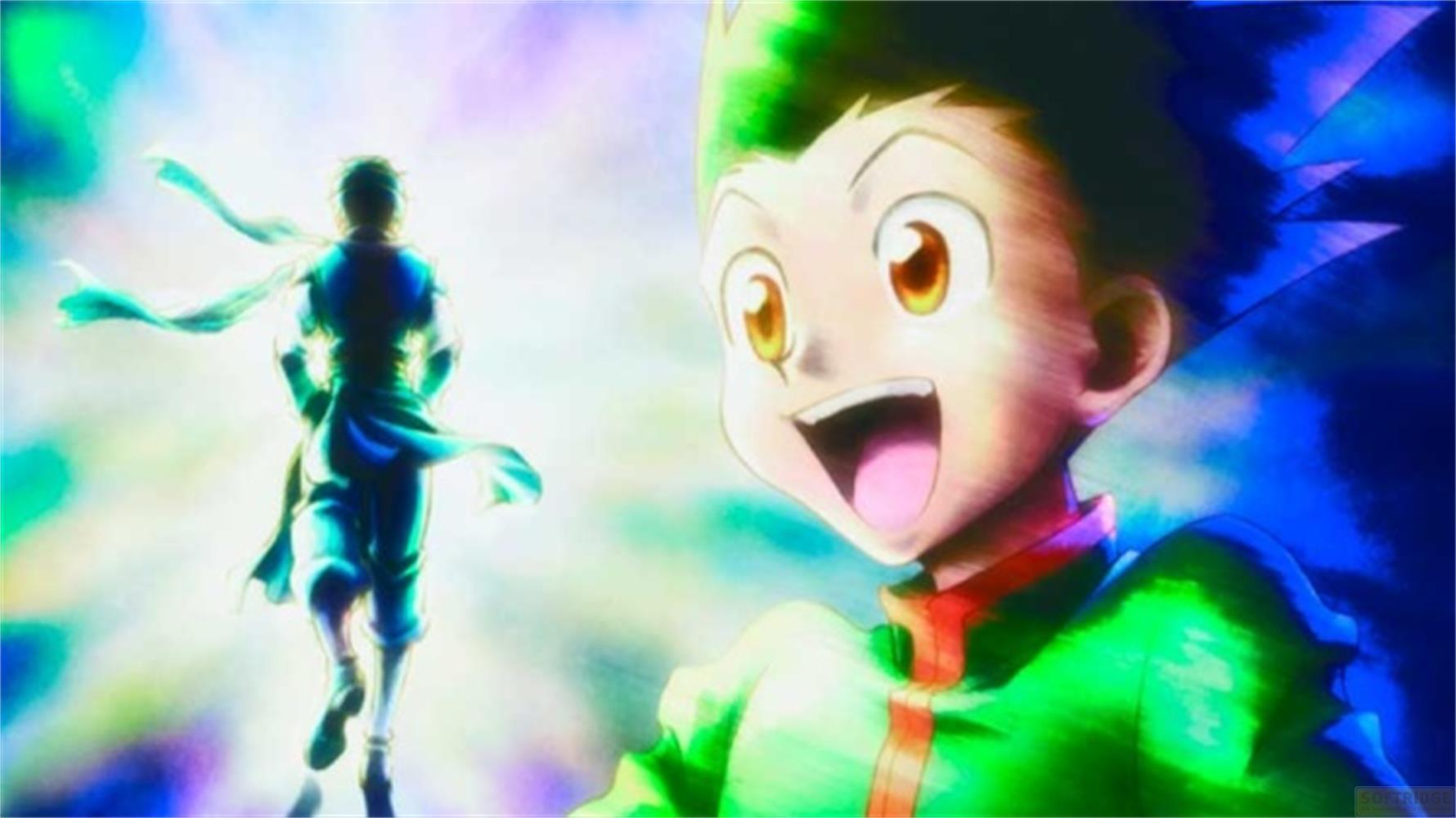Due personaggi anime: uno in primo piano, felice, e uno sullo sfondo, circondato da luce.