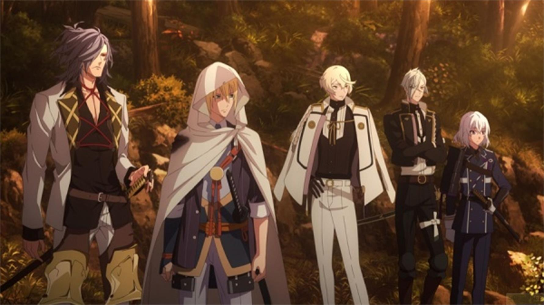 Cinq hommes d'anime en tenue traditionnelle se tiennent dans une forêt.