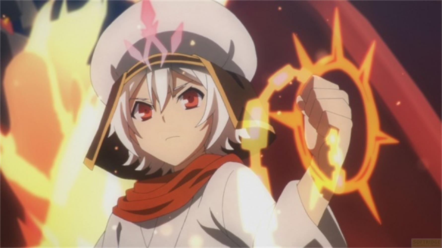 Un personaggio anime con capelli bianchi, occhi rossi e cappello bianco tiene un simbolo luminoso.