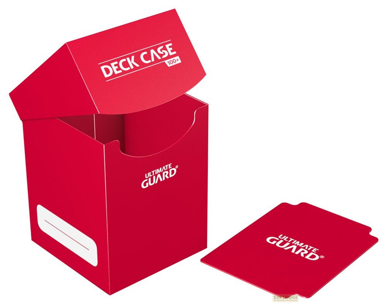 Un étui à cartes rouge avec son couvercle ouvert, et une carte séparée à côté.