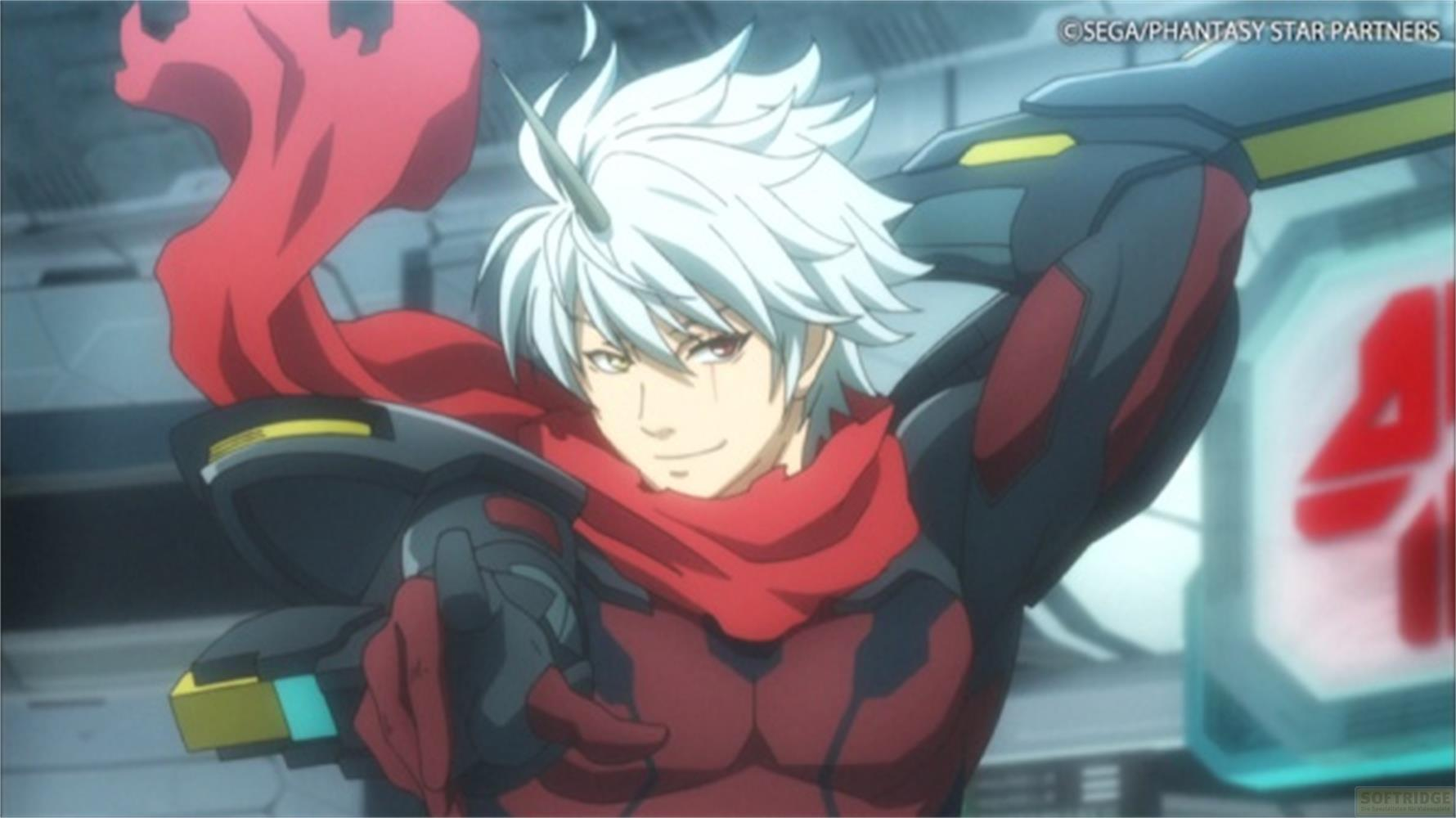 Personaggio anime con capelli bianchi, sciarpa rossa e armatura scura.