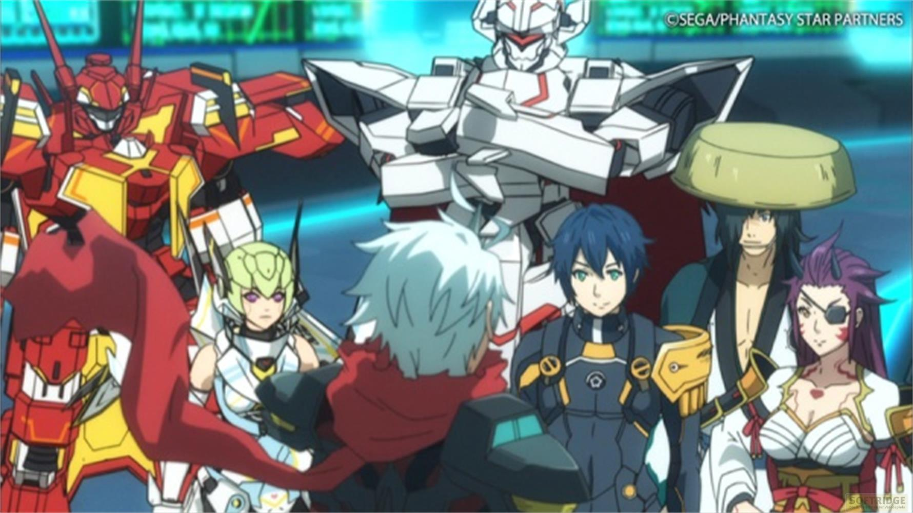 Personaggi anime e mech dai colori vivaci stanno insieme.