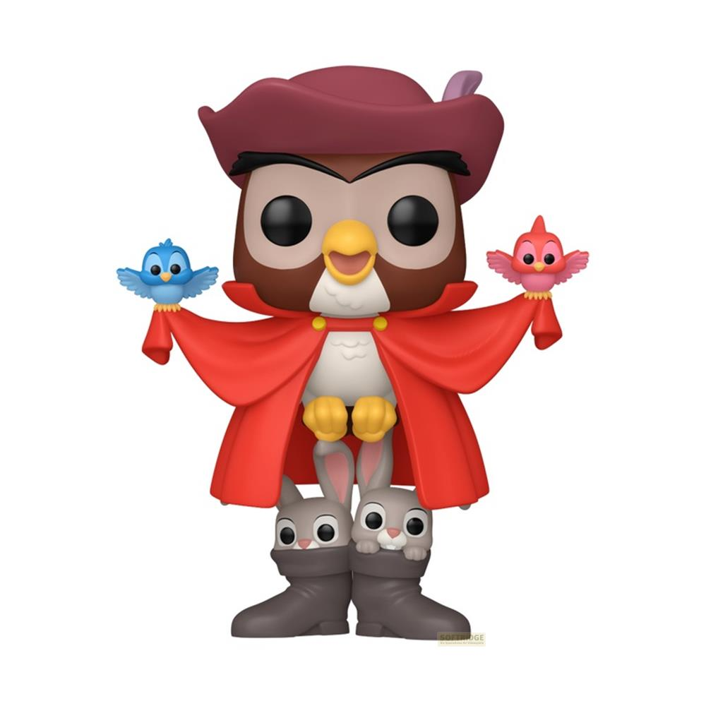 Un búho con capa y sombrero rojos, que sostiene pájaros, se alza sobre conejos con botas.