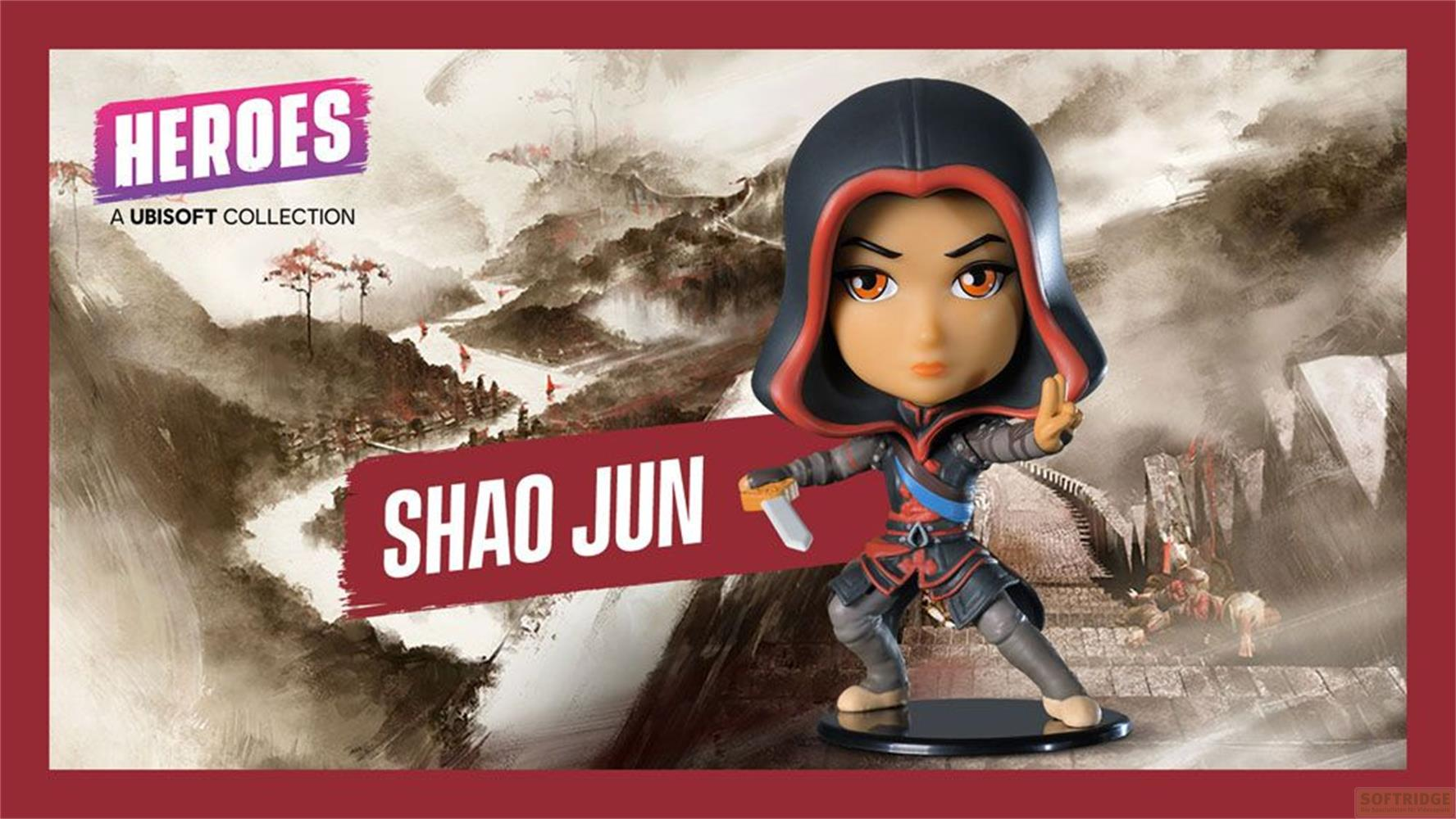 Chibi-Figur von Shao Jun im Kampfanzug mit Schwert, vor einer Tuschelandschaft.