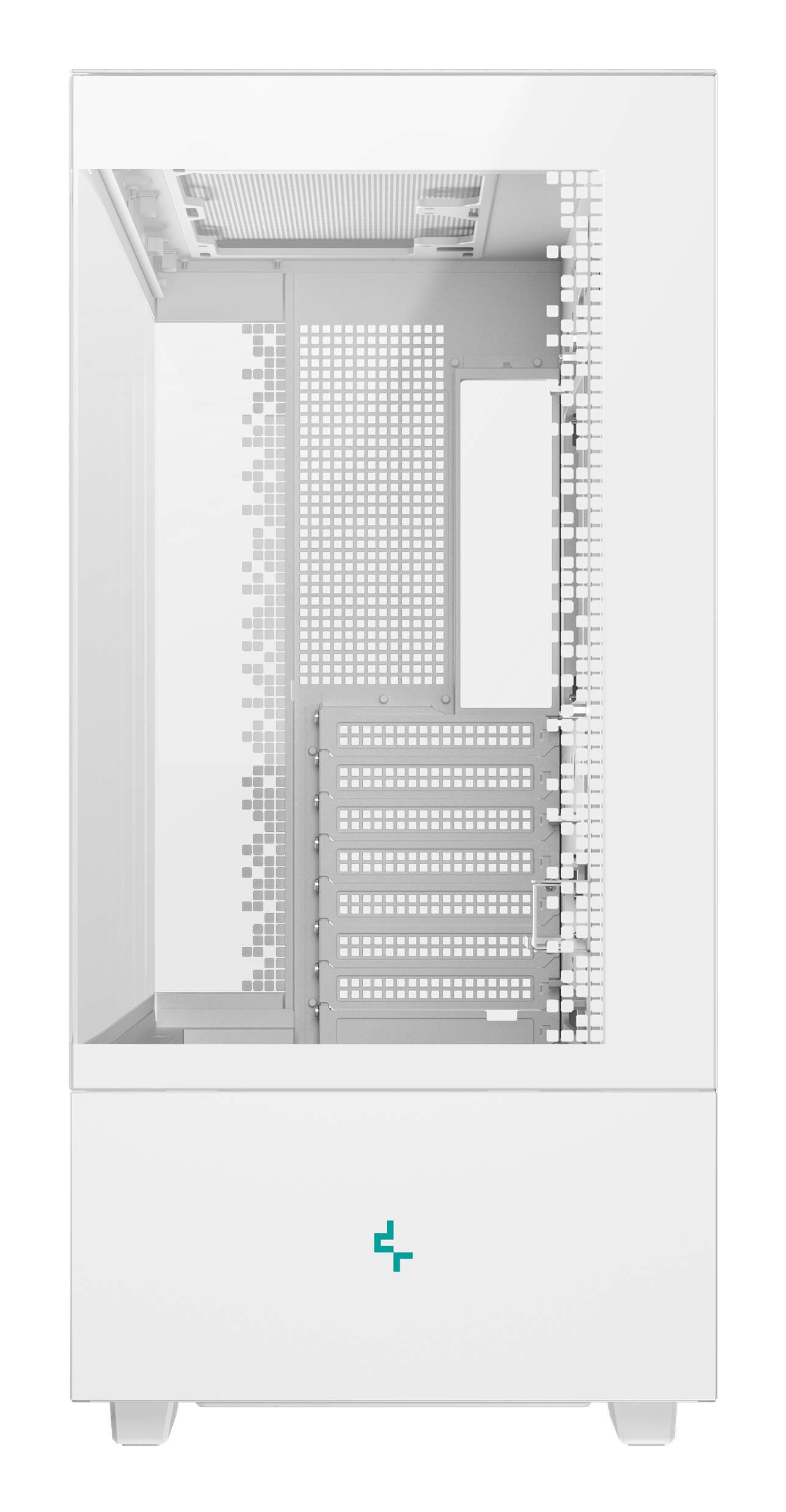 Biała obudowa komputera z szklanym frontem i otworami wentylacyjnymi.