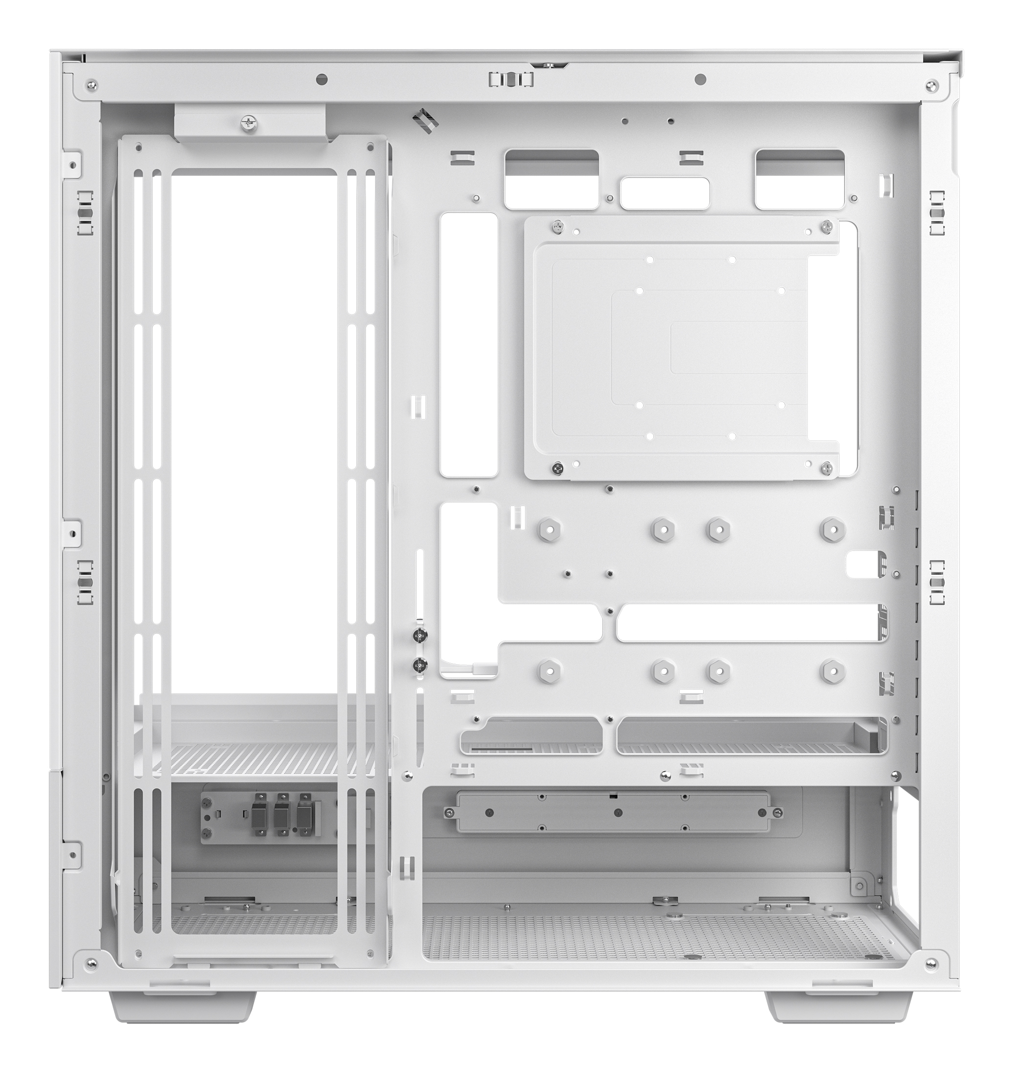 Widok wnętrza białej obudowy komputera z płytą montażową.