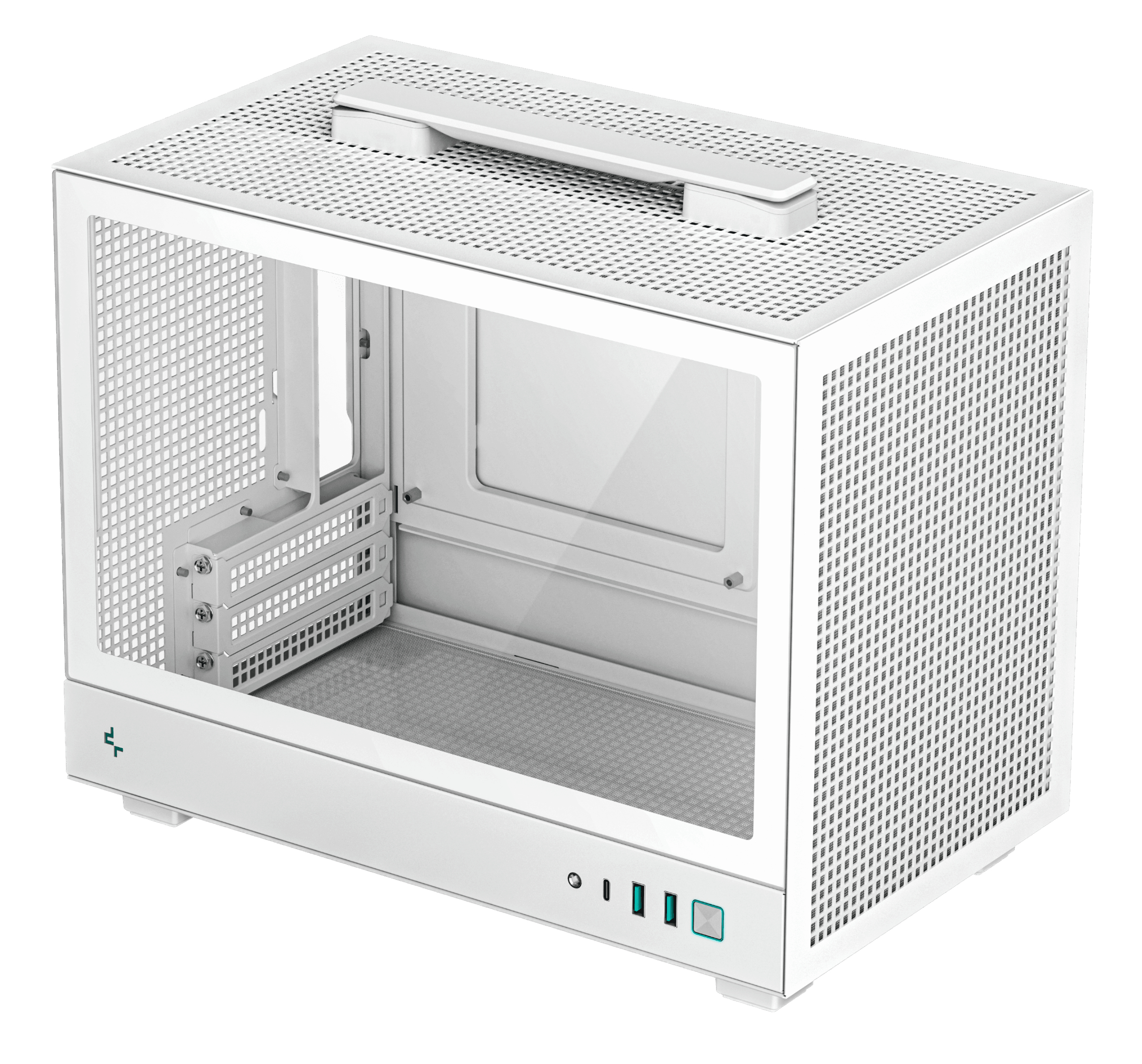 Case PC bianco con frontale in vetro, griglia di ventilazione e maniglia.