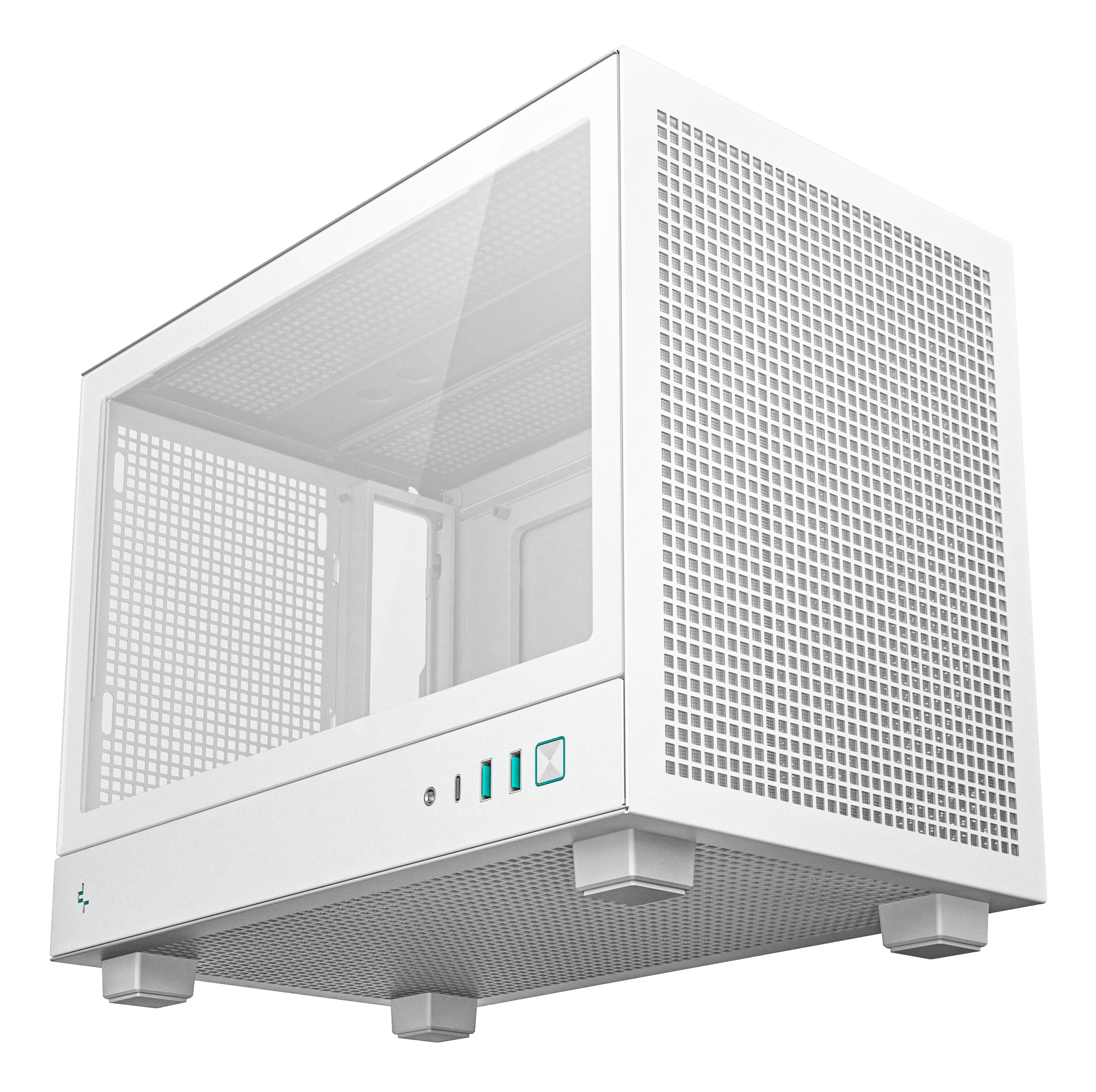 Un case per computer bianco con pannelli in vetro e prese d'aria.