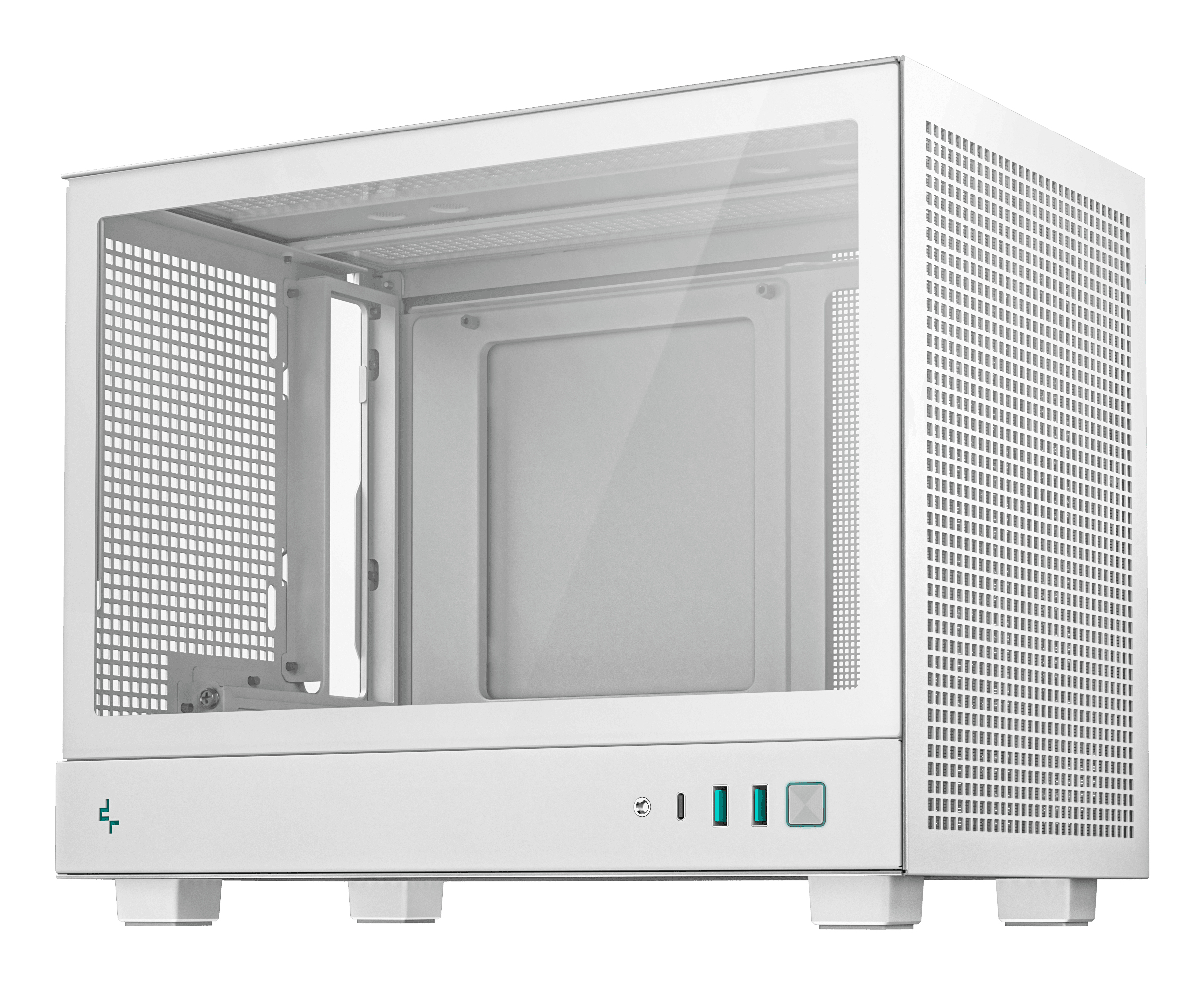 Un case per computer bianco con pannelli in vetro e griglie di ventilazione.