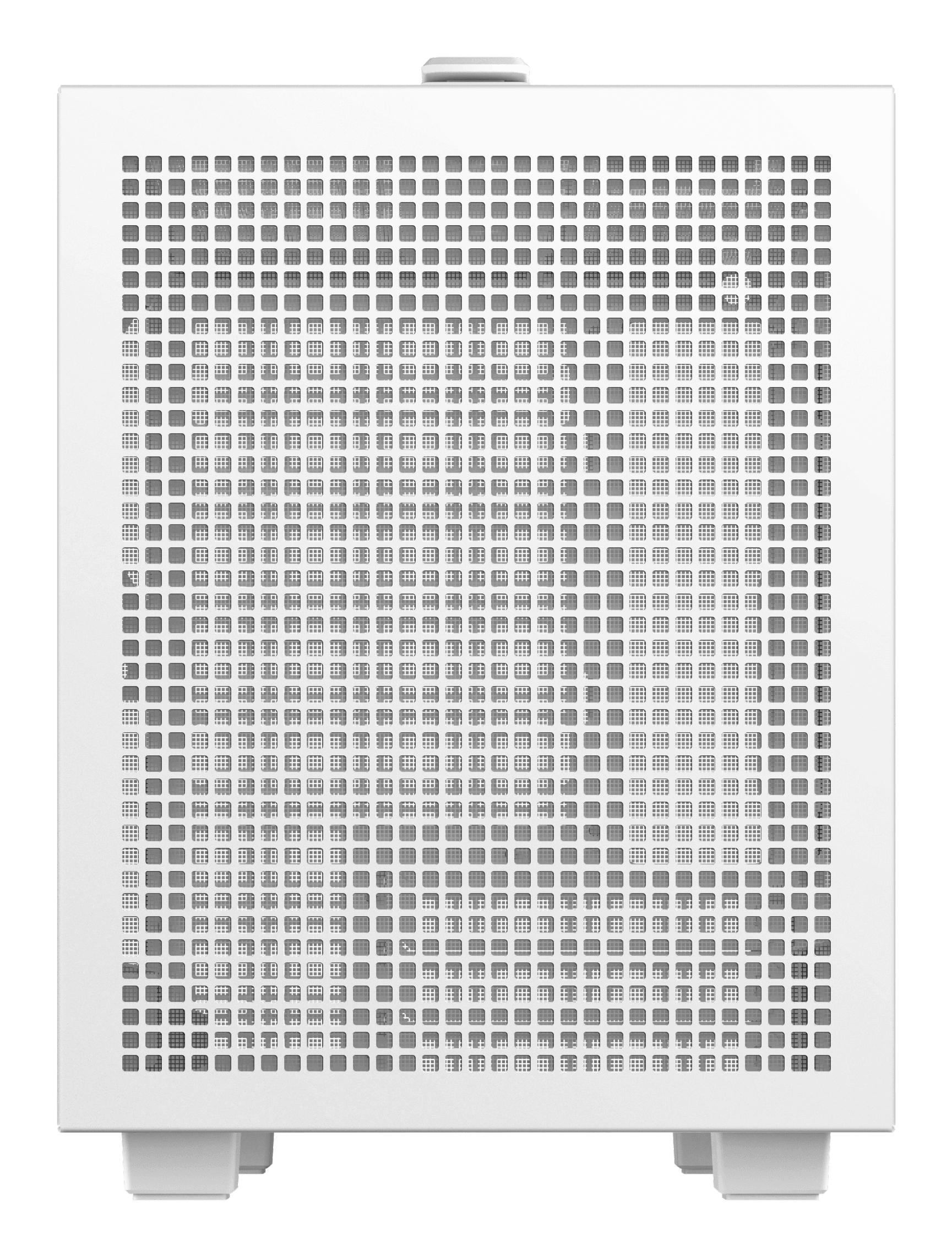 Un dispositivo bianco con cassa perforata poggia su quattro piedi.