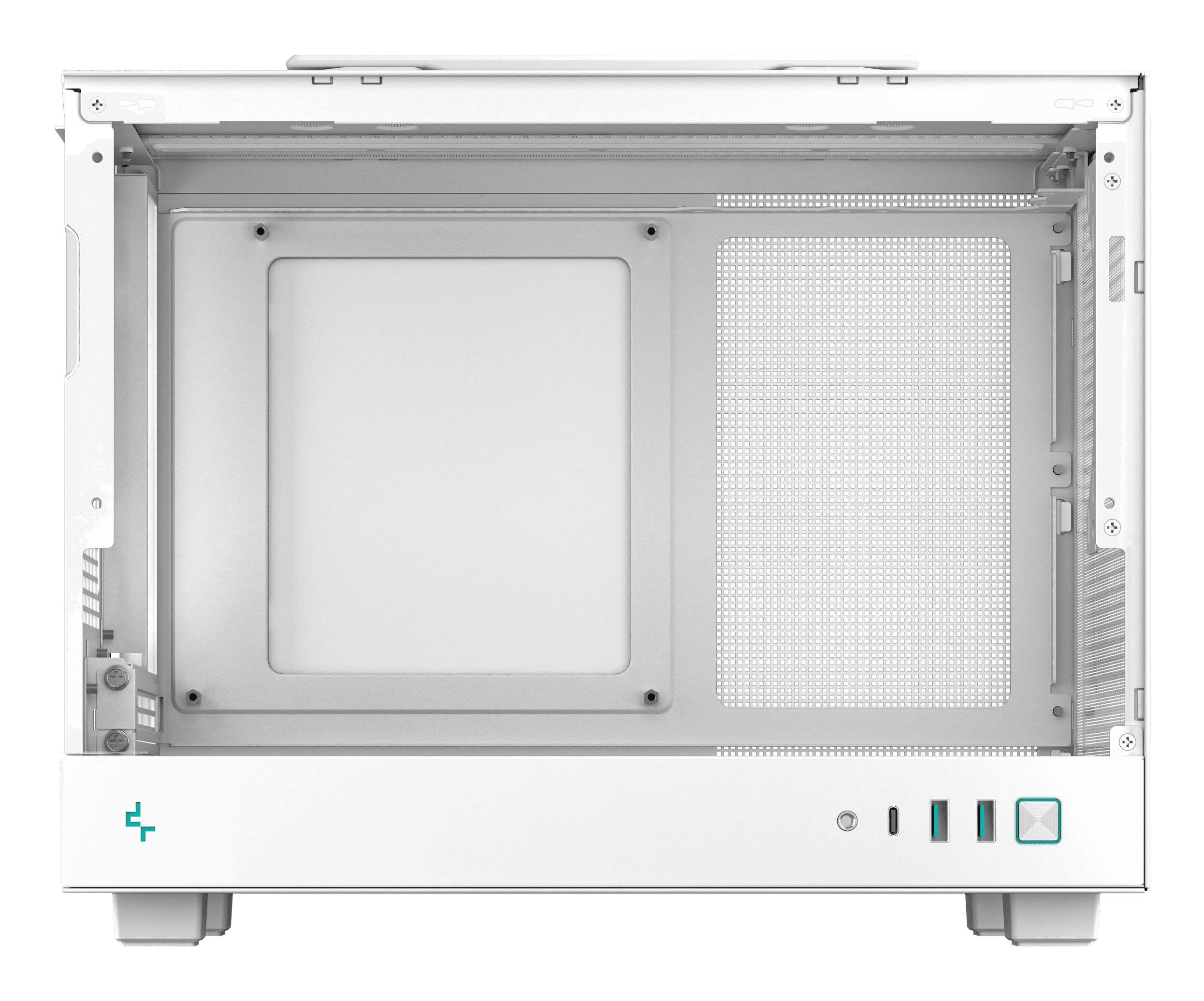 Un case per computer bianco con griglie di ventilazione e porte frontali.