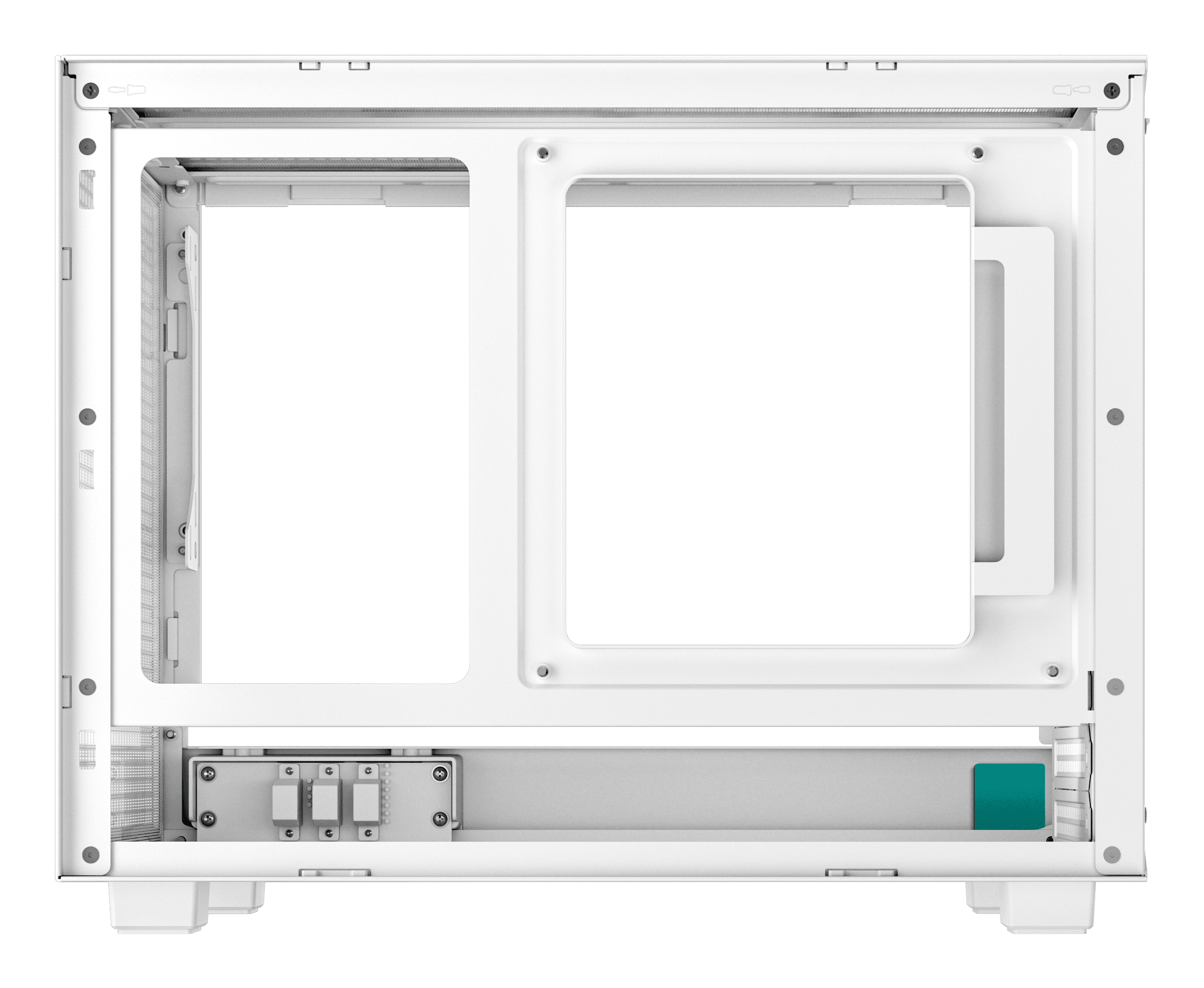 Vista interna di un case bianco per PC con connettori argentati ed elemento turchese.