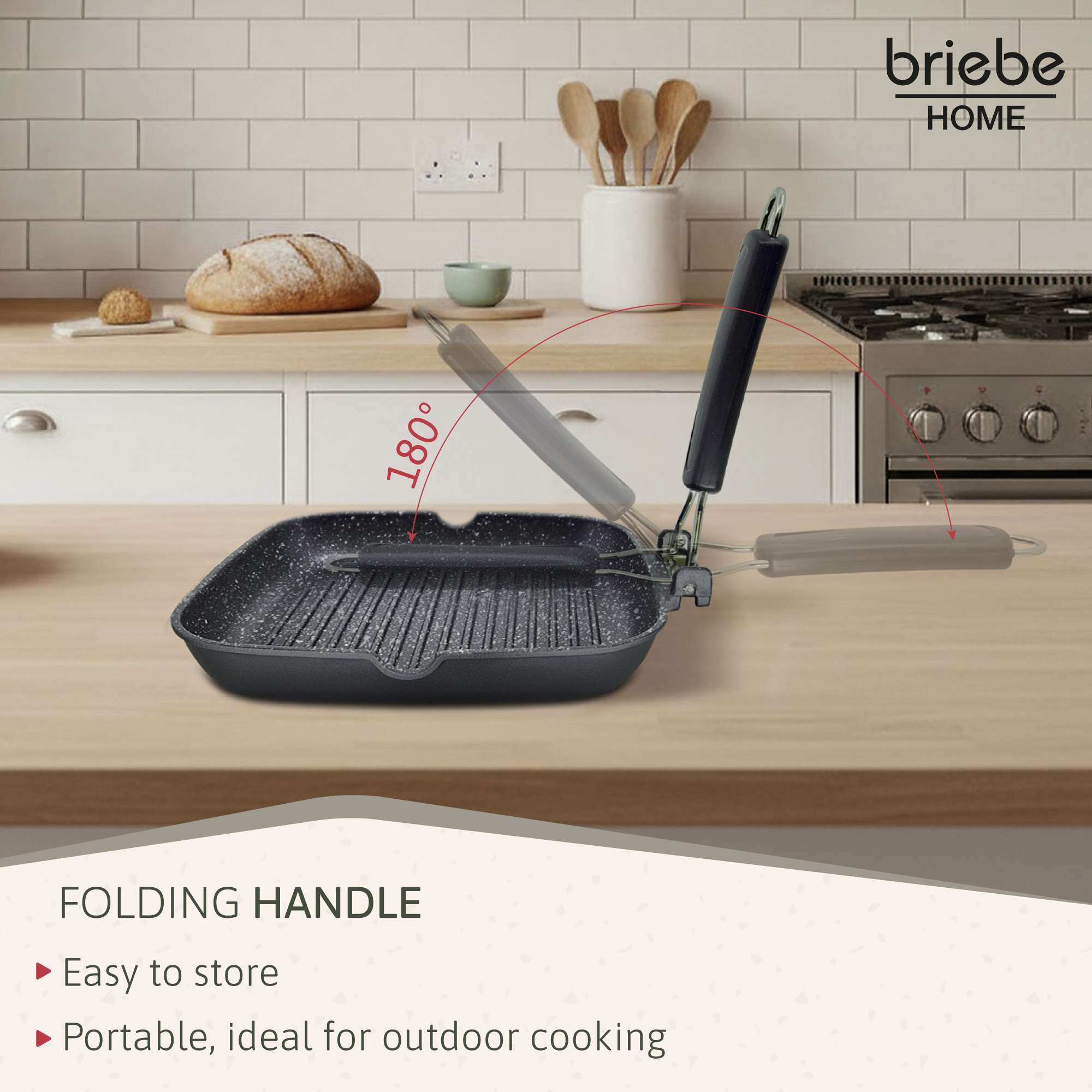 Una sartén grill cuadrada con asa plegable que se abre 180 grados.